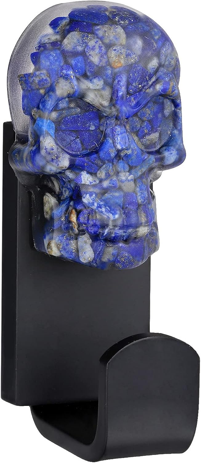 Rockcloud Pack of 2 Crystal Skull Reiki Healing Stone Statue Decorative Wall Mounted Hook for Coat Hat Hanging Home Office Decor, Lapis Lazuli