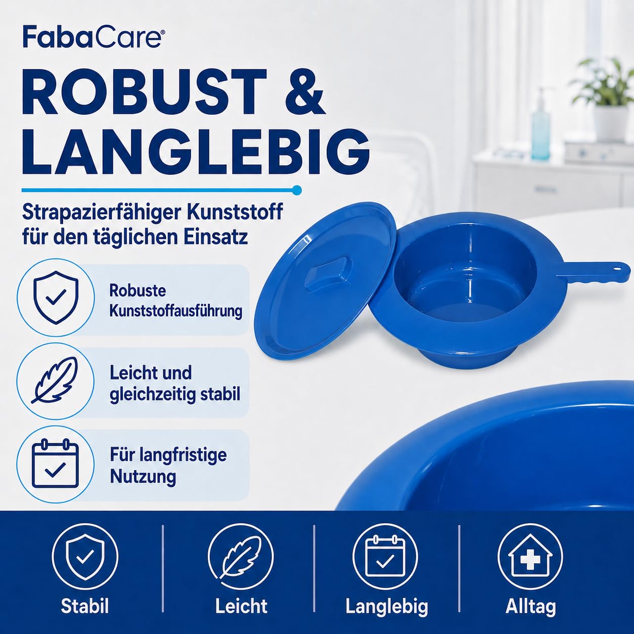 FabaCare Bettpfanne mit Deckel blau für Erwachsene | Stechbecken aus Kunststoff mit Griff, 30 cm Durchmesser, 8 cm Höhe, für Pflege, Klinik und Zuhause