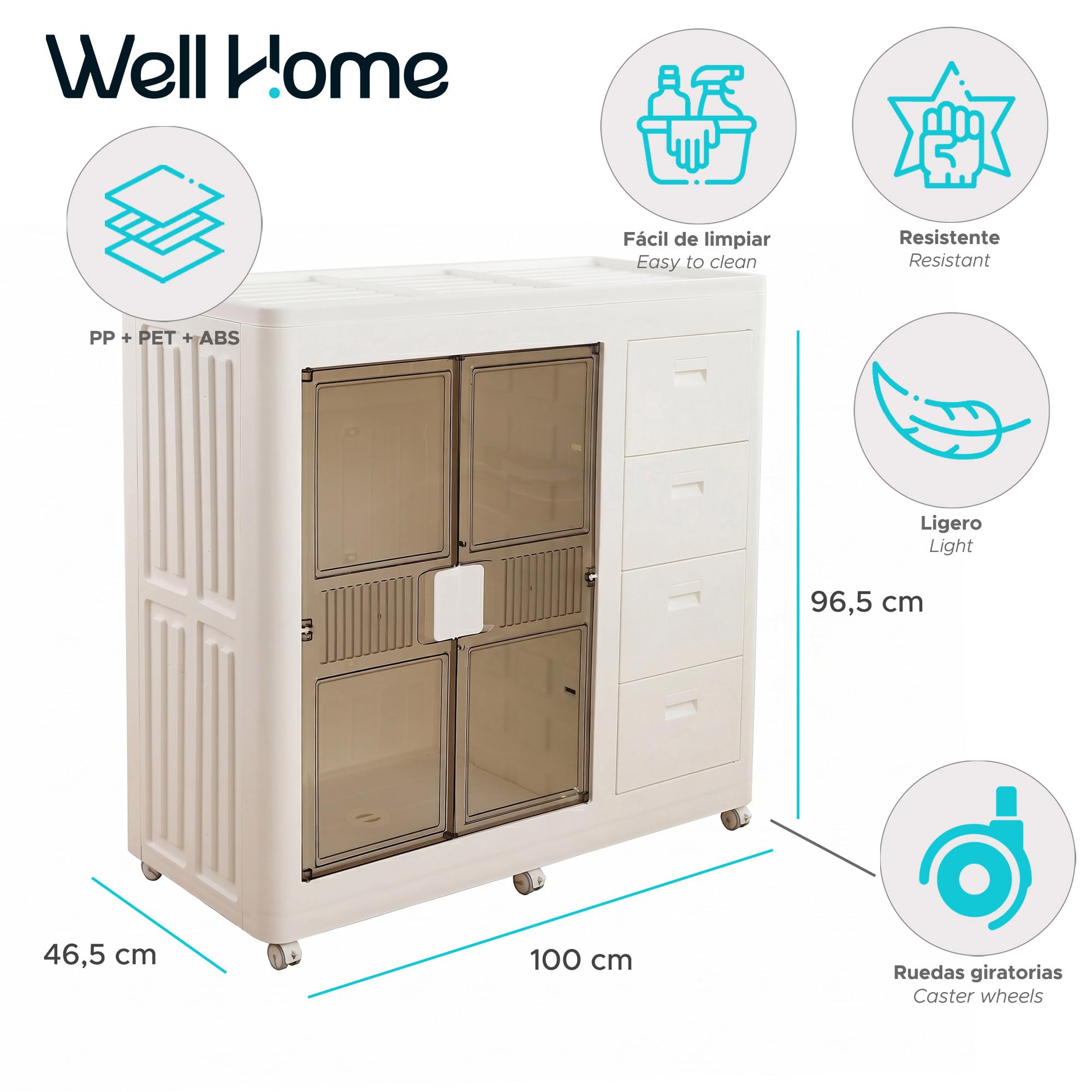 Well Home Cajas de almacenaje apilables con puerta frontal, Organizador modular plegable con ruedas, Modularidad eficiente, Multiespacios, Armario plegable con 1 Compartimentos y 4 Cajones