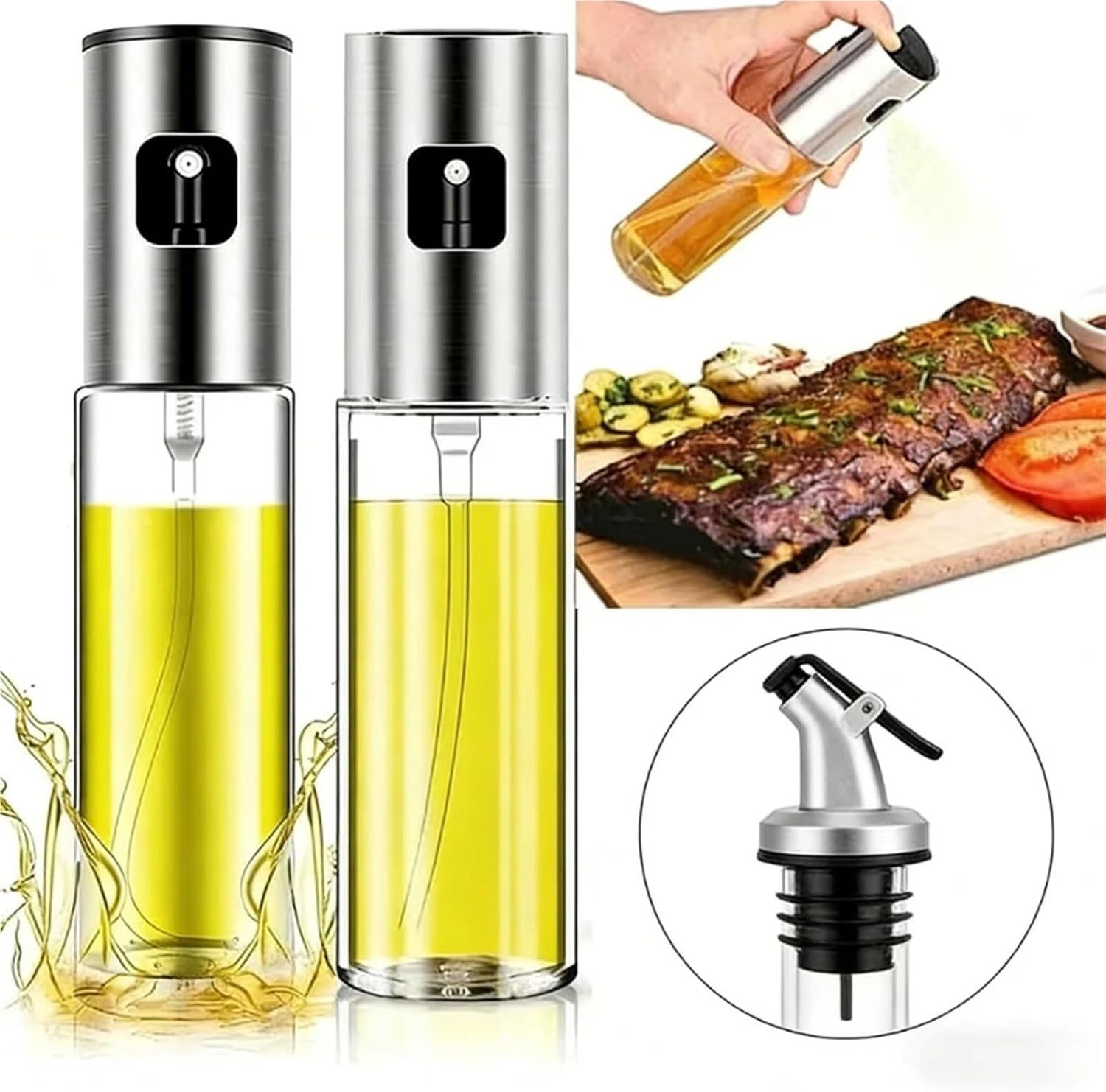 Oil Spray Bottle, Glass Oil Sprayer For Cooking Spray Mister For Salad BBQ Kitchen Baking Empty Vinegar Bottle,for Salad Making, Baking(Silvery-4PCS)