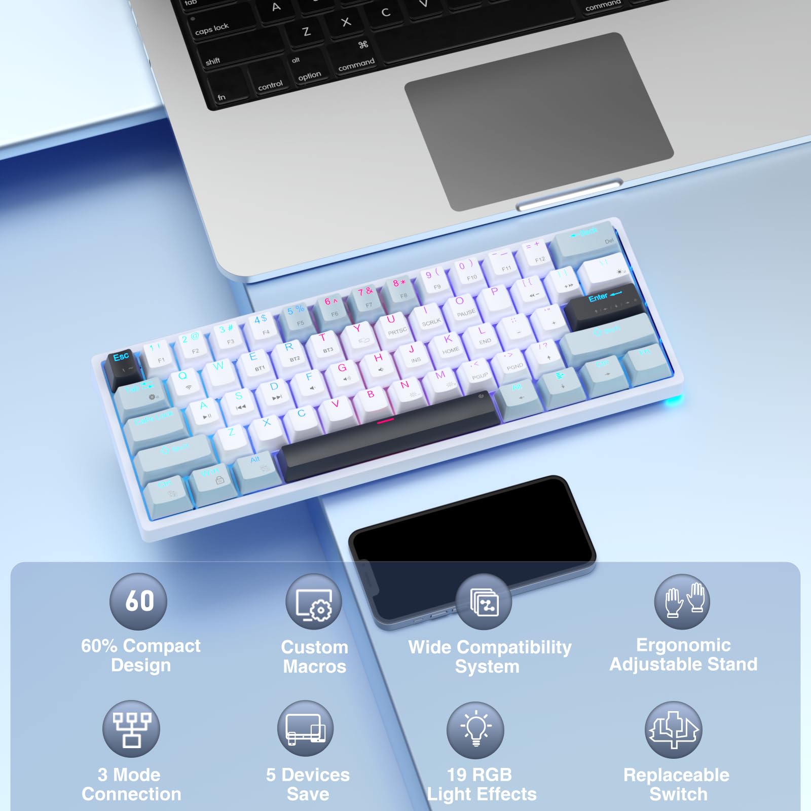 SOLAKAKA SK961 Wireless Mechanical Keyboard with RGB Backlight,Tri-Mode BT5.0/Wired/2.4GHz 60 Percent Wireless Gaming Keyboard,Red Switch