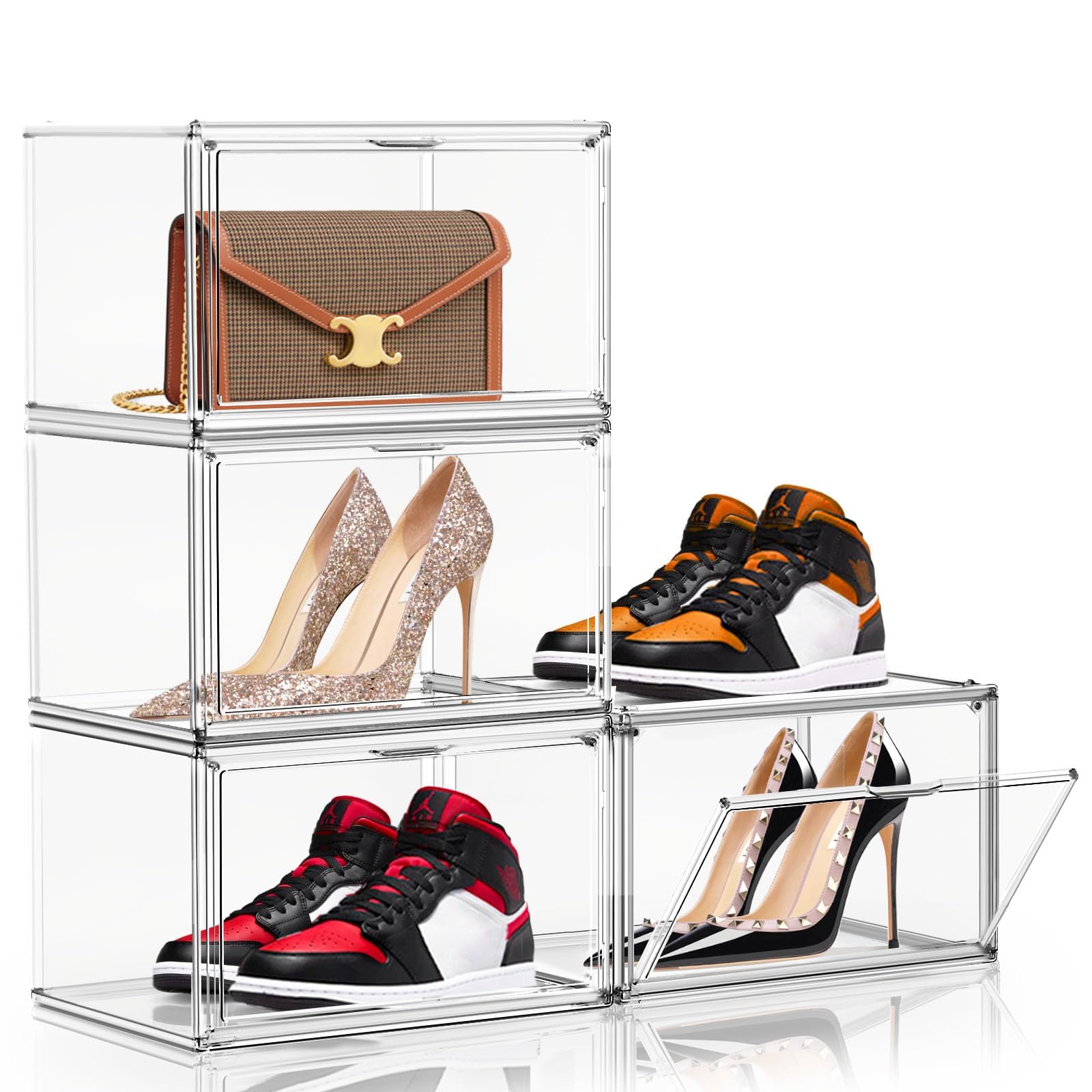 LENDISShoe Organizer Clear Stackable Acrylic Shoe Cabinet, Sneaker Storage Box Rack With Lid Shoe Box, Sneaker Hanging Bag Display Case, Easy To Assemble (4 Pack)