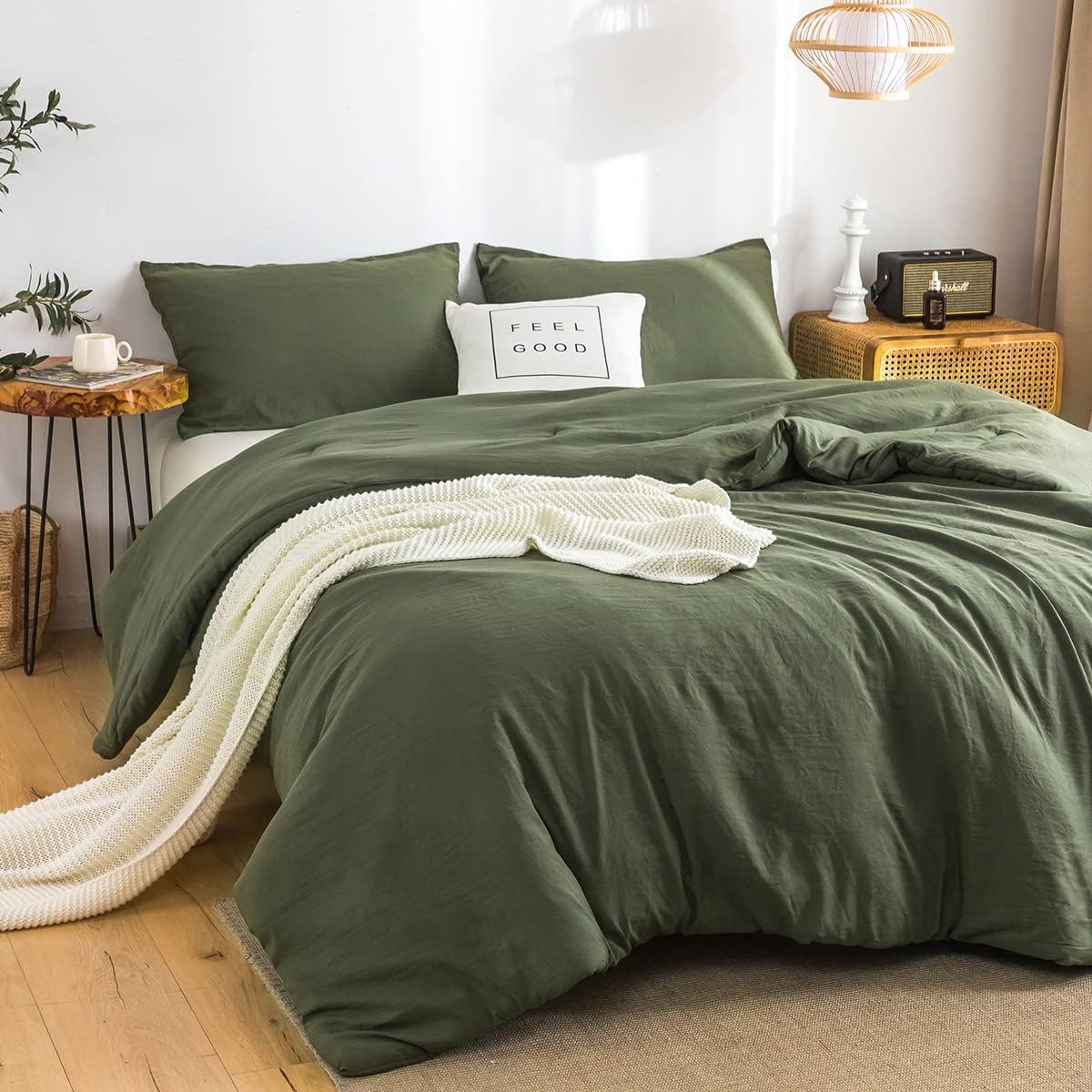 COTTEBED Ultra-Soft King Bedding Comforter Sets Bed, All Season Use Light Weight with Warm Fluffy Washed Cotton Microfiber,1 Bed Blanket Comforter & 2 PillowSham(King/California King Dark Olive Green