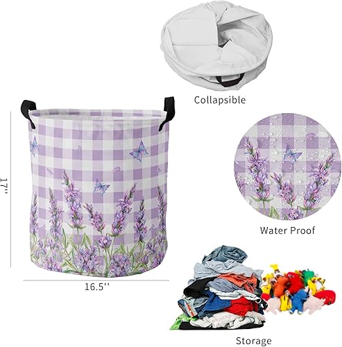 Miniatura 6 de Cesta plegable para la ropa sucia  13.8 x 17 pulgadas, cesta de almacenamiento de flores de lavanda con asas, diseño floral de primavera de granja,