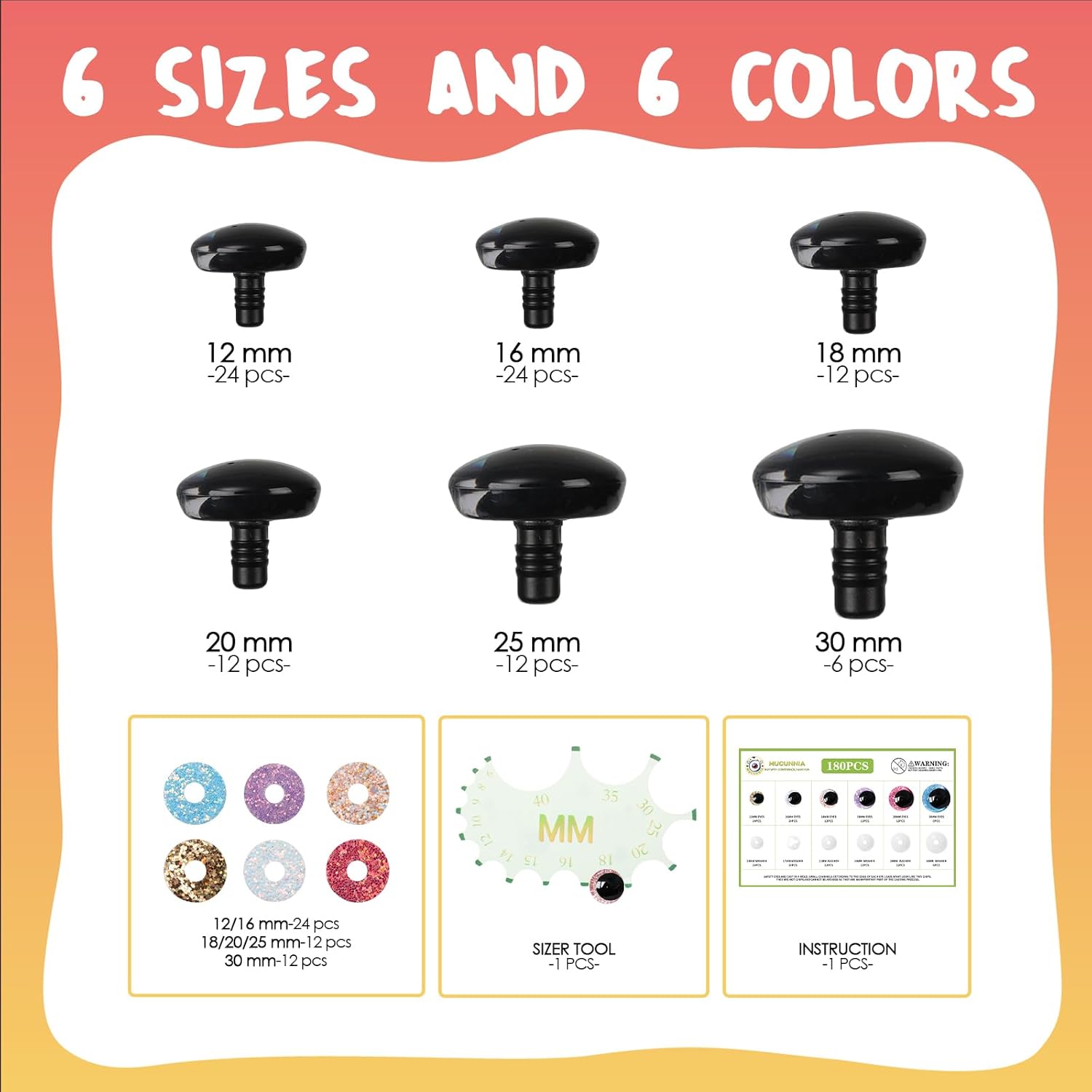 MUCUNNIA 180 Pcs 3D Moon Mermaid Safety Eyes for Amigurumi with Washers 12-30mm Trapezoid Glitter Safety Eyes for Crochet Animals Doll Eyes for Crocheting Stuffed Animal Eyes for DIY Christmas Decorat