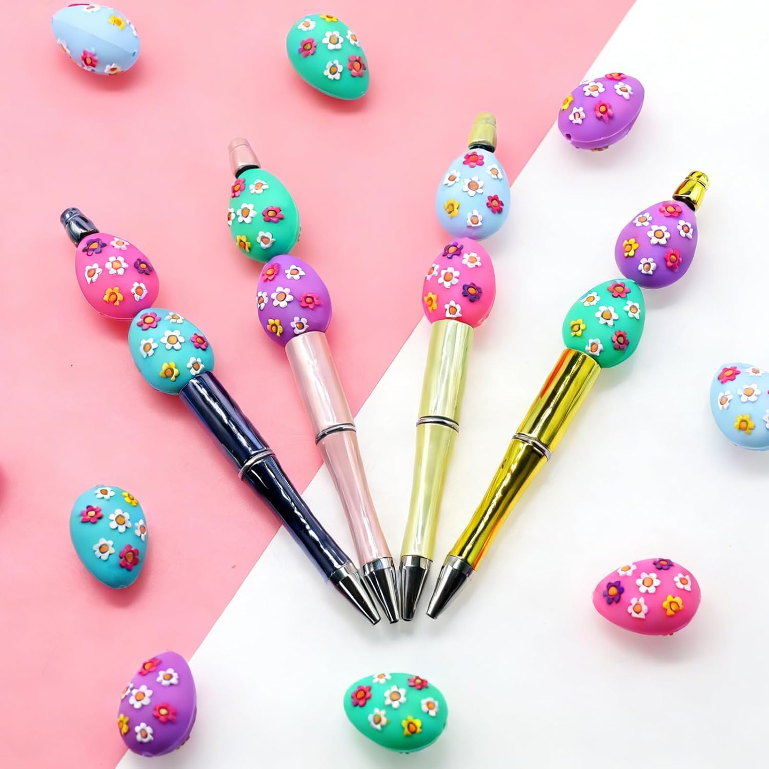 Decoendiy 20Pcs Easter Silicone Focal Beads for Pen,3D Egg Shaped Silicone Round Rubber Spacer Beads with Daisy Bulk for Keychain Making Bracelet Necklace Handmade Crafts - Image 4