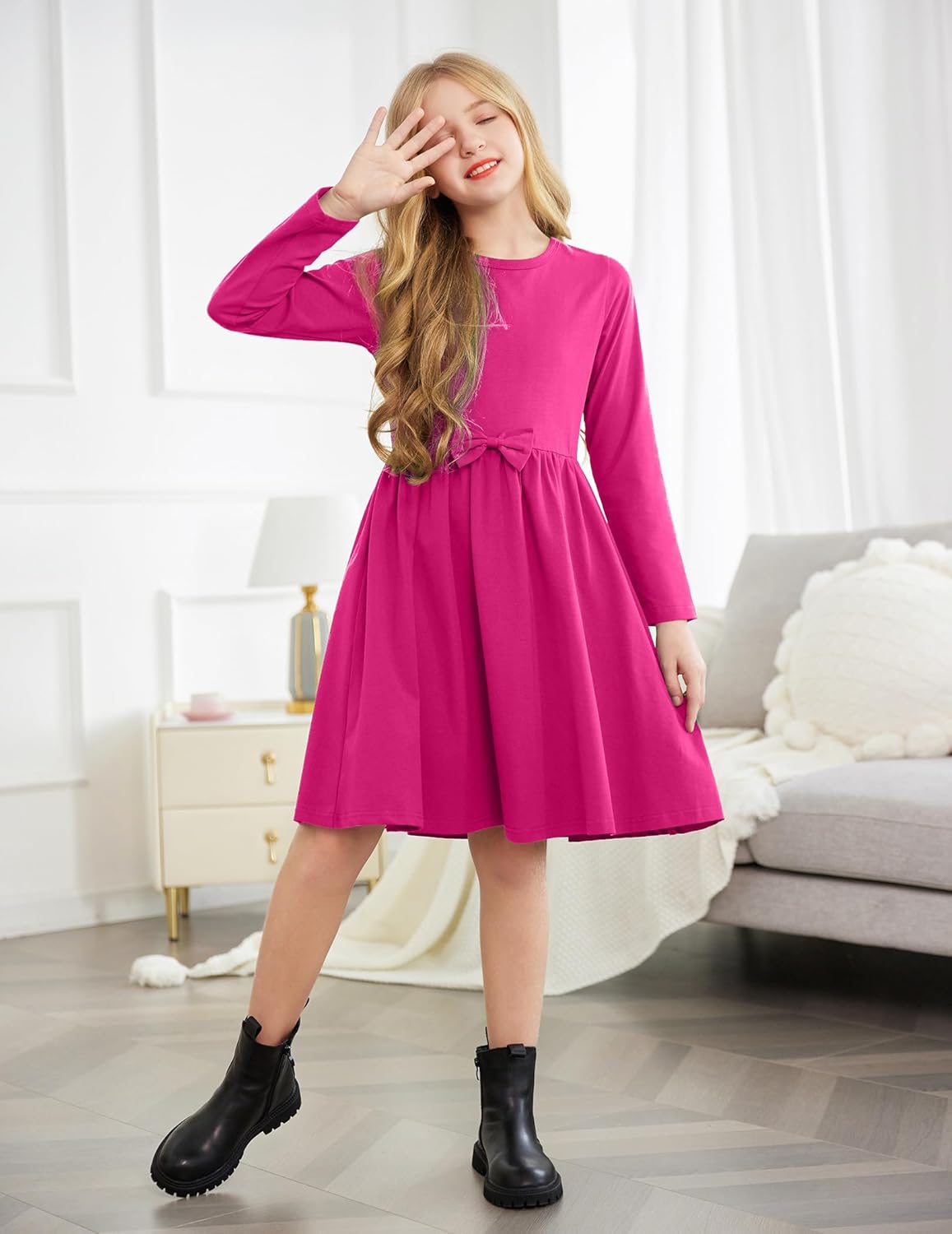 Arshiner Girls Long Sleeve Dress A line Twirly Skater Casual Bow Tie Dress - Image 6