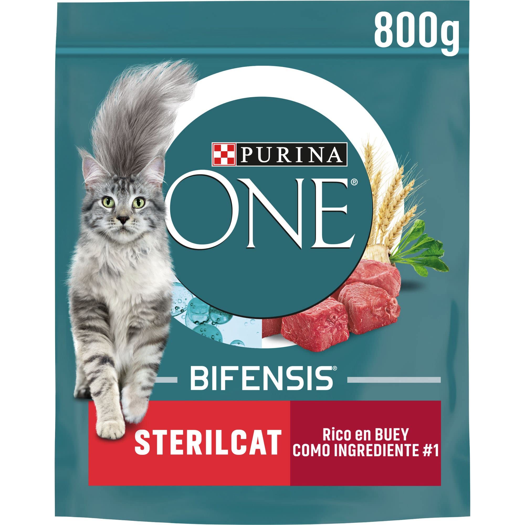 Purina ONE Bifensis Comida Pienso para gato Esterilizado Adulto Buey y Trigo, 8 bolsas de 800g