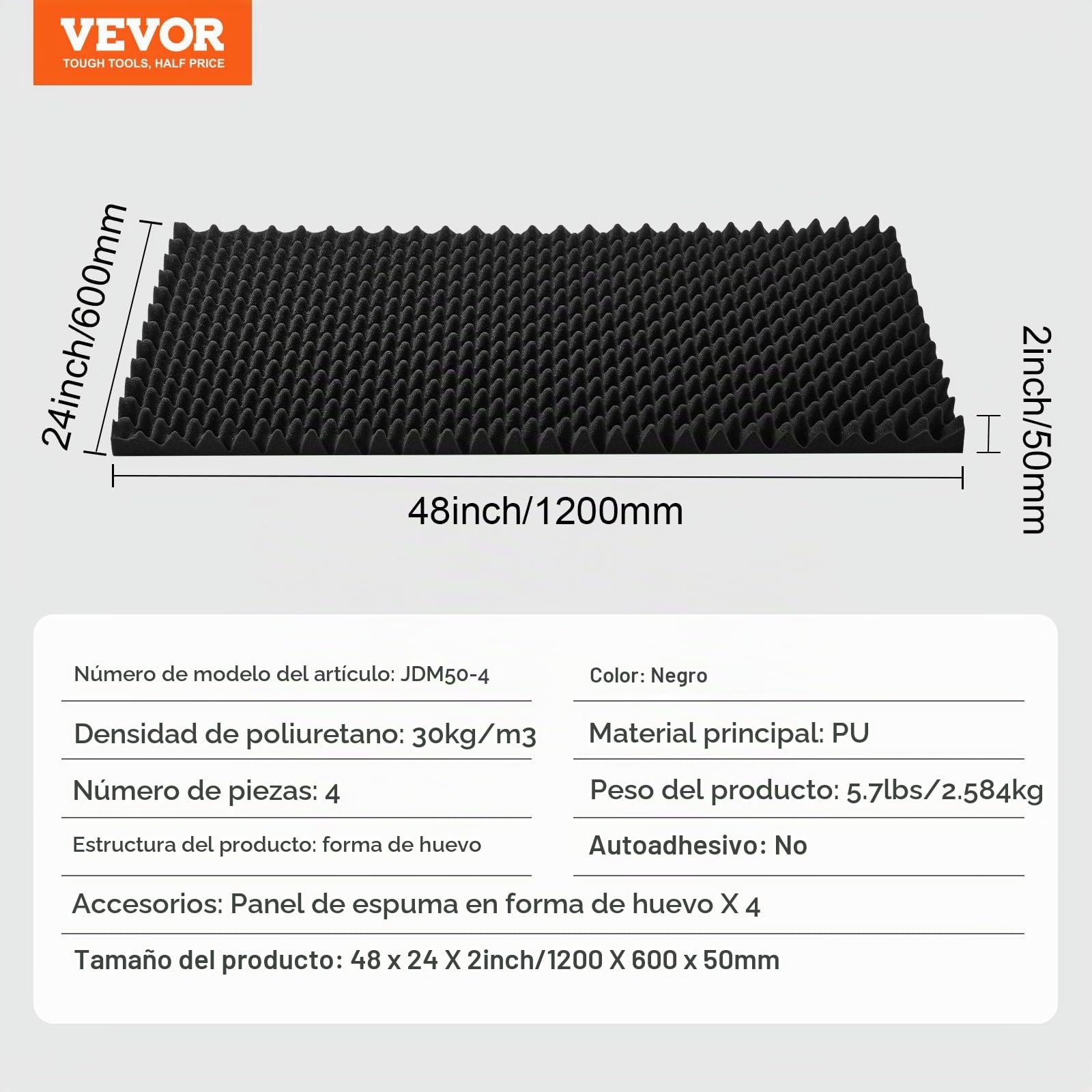 VEVOR Paneles de Espuma Acústica 1200 x 600 x 50 mm, Paneles de Pared Insonorizados con Diseño de Huevo, Paneles Absorbentes de Sonido para Paredes y Techos de Estudio, 4 uds