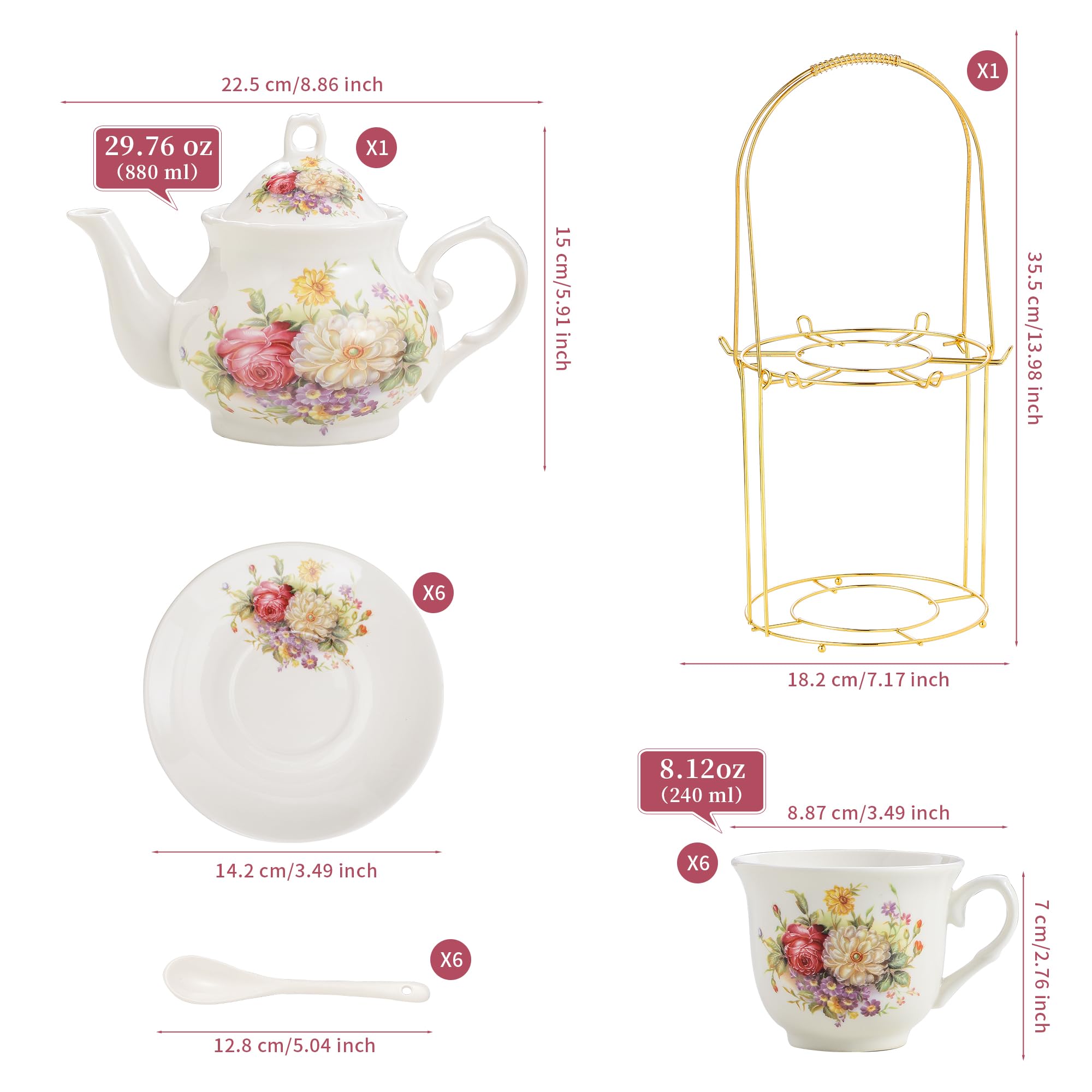 Juego de té de porcelana de 20 piezas para mujeres, juego de té para adultos con estante de metal dorado, juegos de regalo de té para el hogar y fiesta (012)