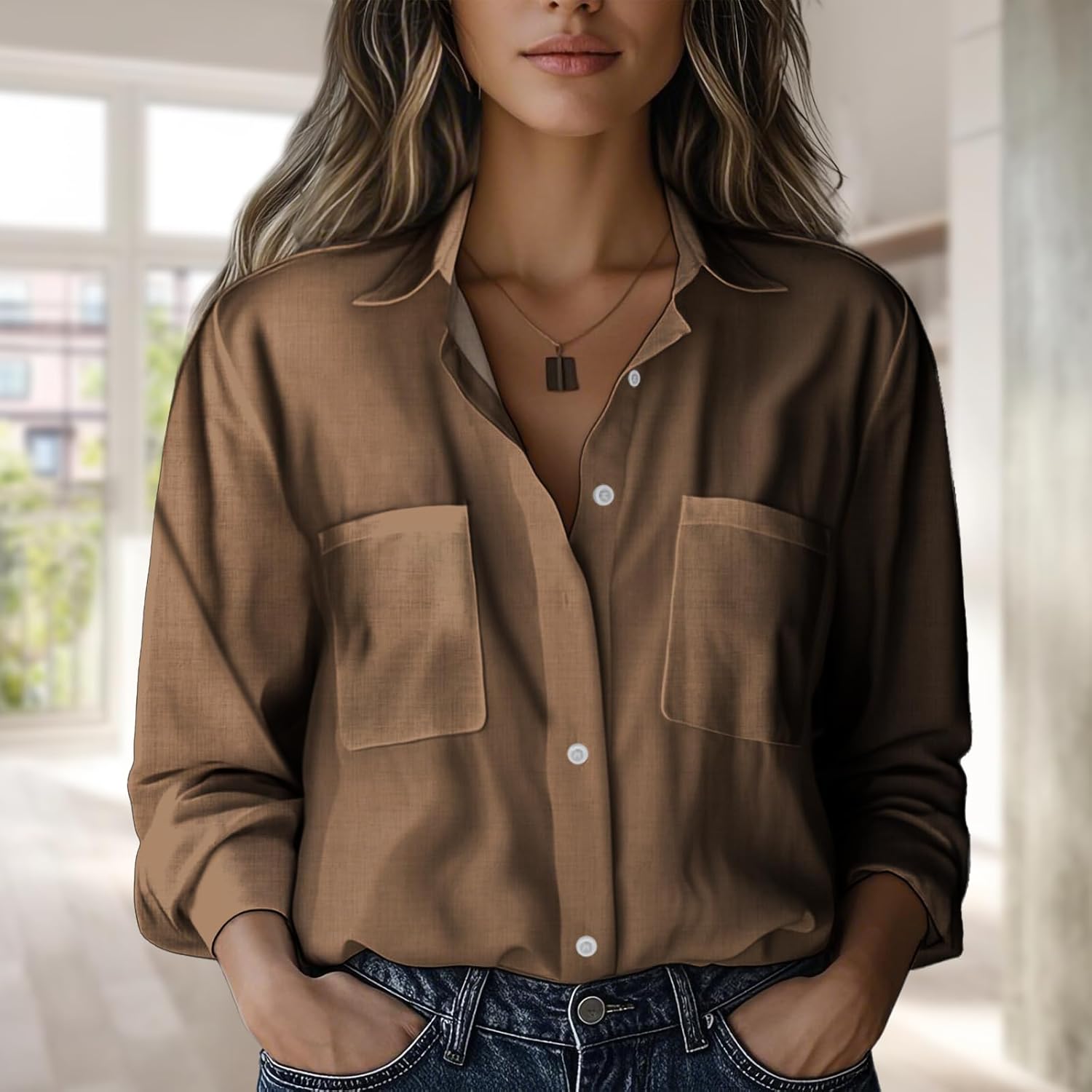 Oversized Button Down Shirts for Women Basic Fashion Graphic Button Down Long Sleeve V Neck Blouses Gauze Plus Size Tops - Image 2