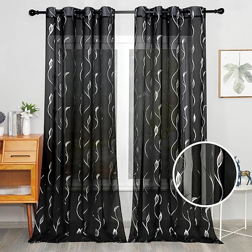 Miniatura 2 de youleyar Cortinas transparentes de gasa con estampado de lámina plateada, cortinas de mimbre con ojales en la parte superior, paneles de tratamiento