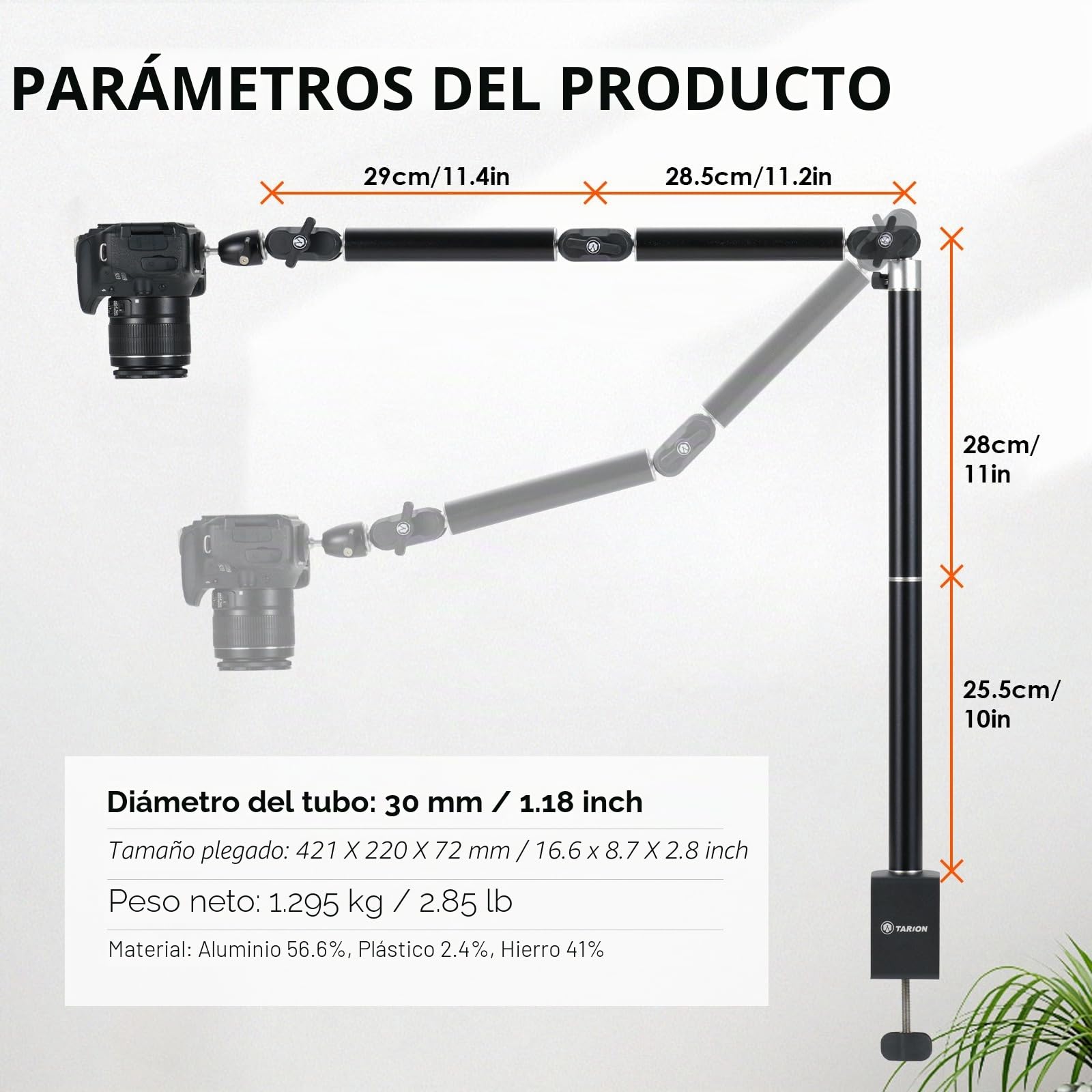 TARION Soporte de Cámara de Escritorio Cenital - Brazo Articulado Reforzado con Rótula, Abrazadera C y Tornillo 1/4'' para Fotografía TKA01-L (Versión Mejorada)