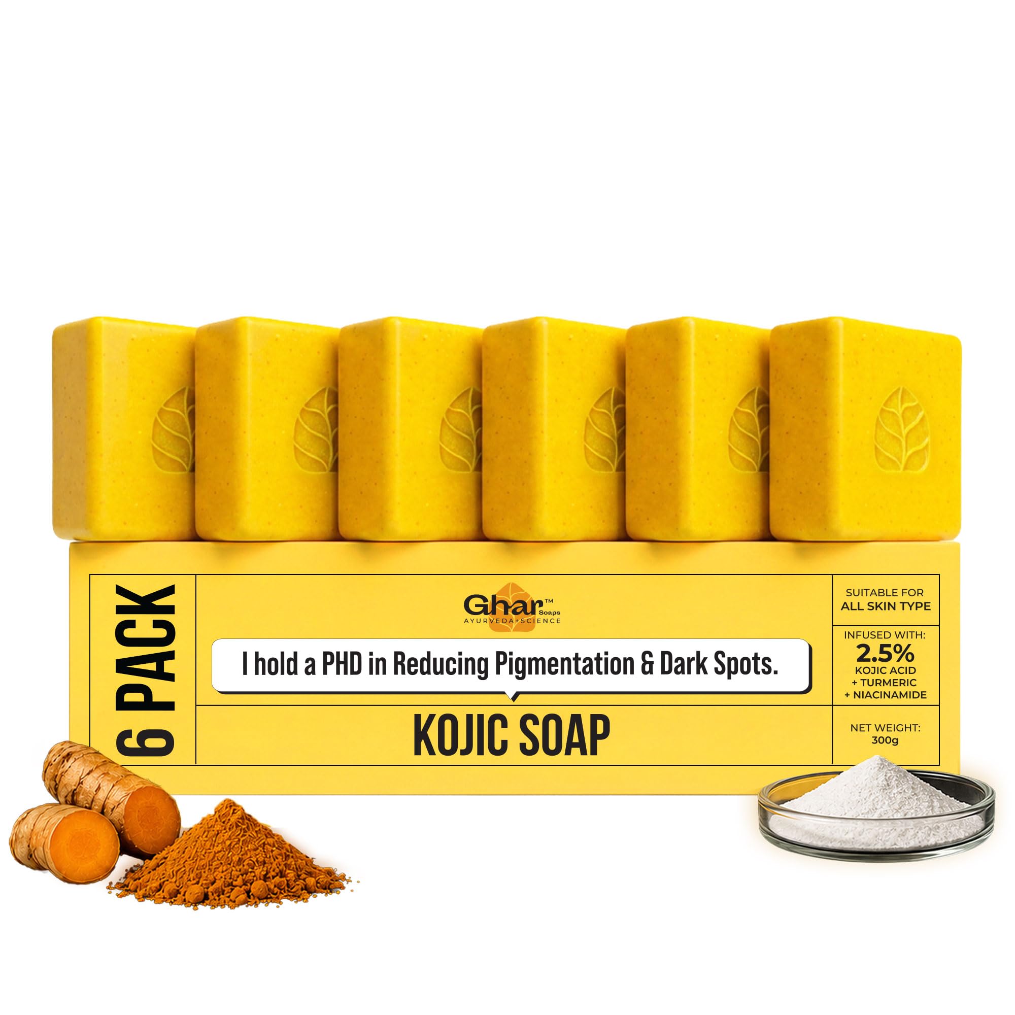 Ghar Soaps Kojic Acid Soap | For pigmentation and dark spots reduction | With 2.5% Kojic Acid + Turmeric Extract + Niacinamide| For all skin types (100g x 6 Pack)-image-4