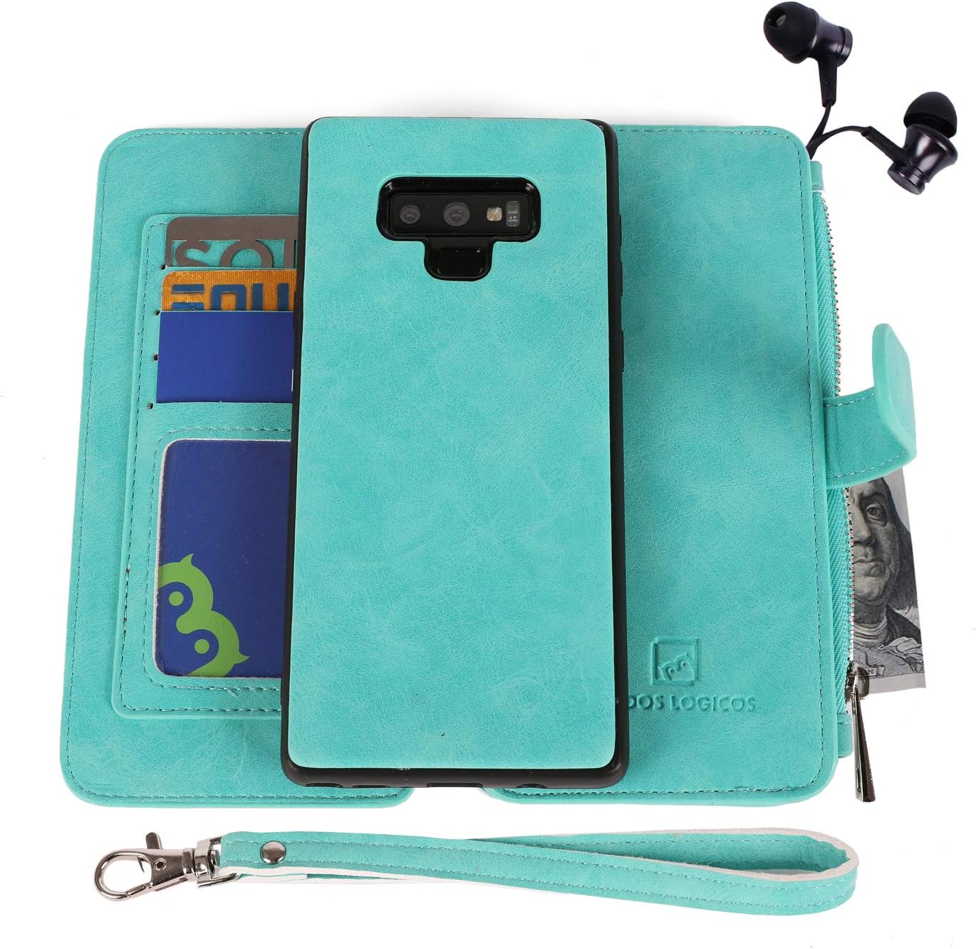 MODOS LOGICOS Case for Samsung Galaxy Note 9 6.4", [Detachable Wallet Folio][2 in 1][Zipper Cash Storage][14 Card Slots 1 Id Window] PU Leather Purse with Removable Inner Magnetic TPU Case - Teal