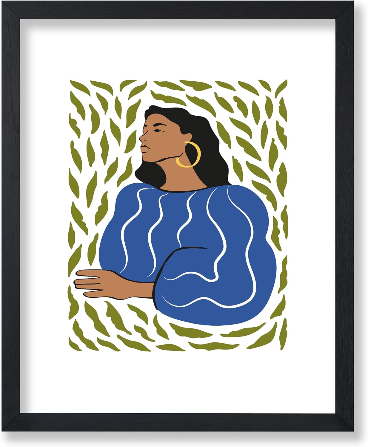 Poster Master Woman in Blue Sweater Poster - Retro Leaves Print - Tropical Girly Art - Floral & Woman Art - Chic Boho & Aesthetic Office or Girl's Bedroom Decor - 8x10 UNFRAMED Wall Art