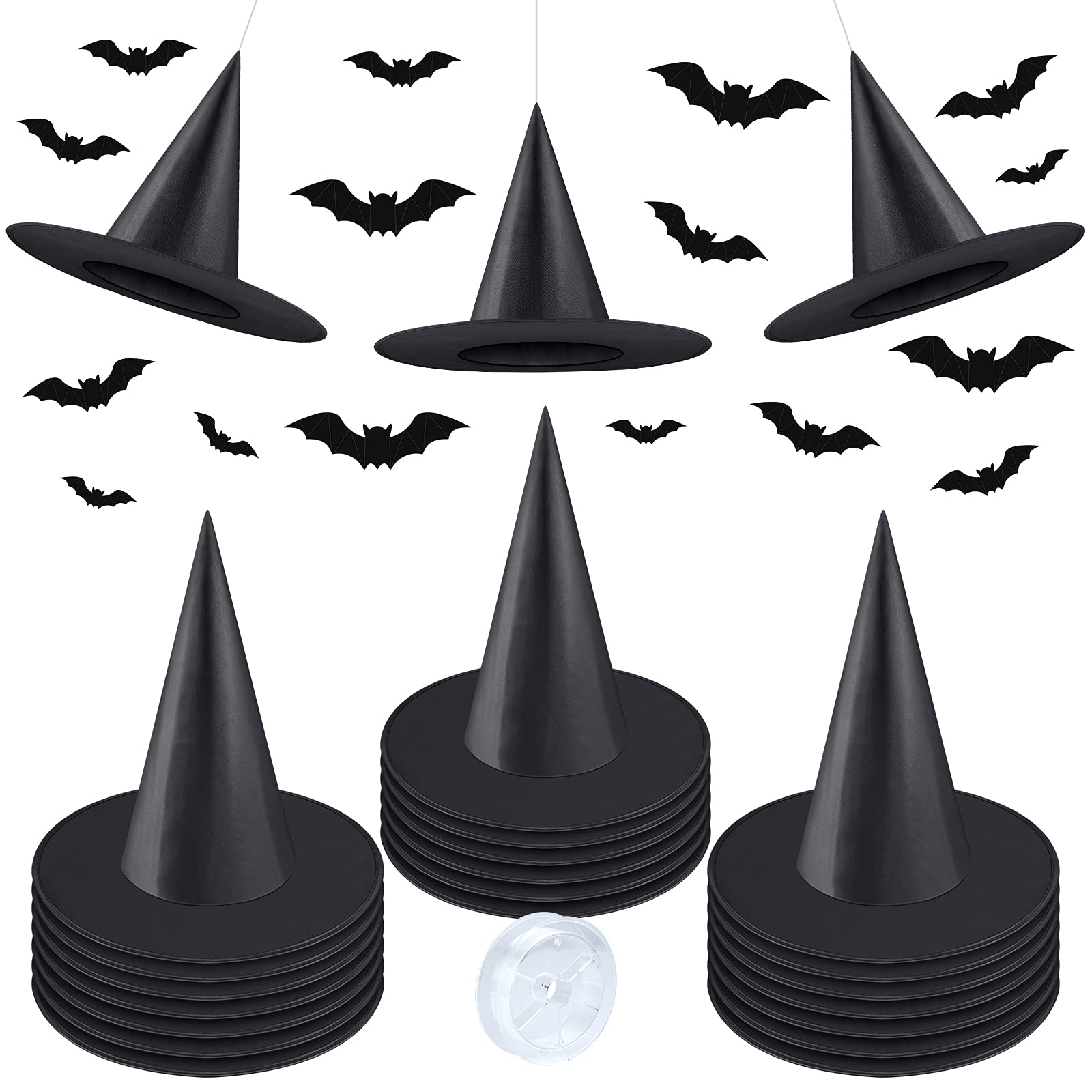 ELECLAND 20Pcs Halloween Costume Witch Hat Caps with 328 Ft Hanging Ropes and 16Pcs Scary 3D Bat Stickers, Halloween Costume Accessories, Halloween Decorations