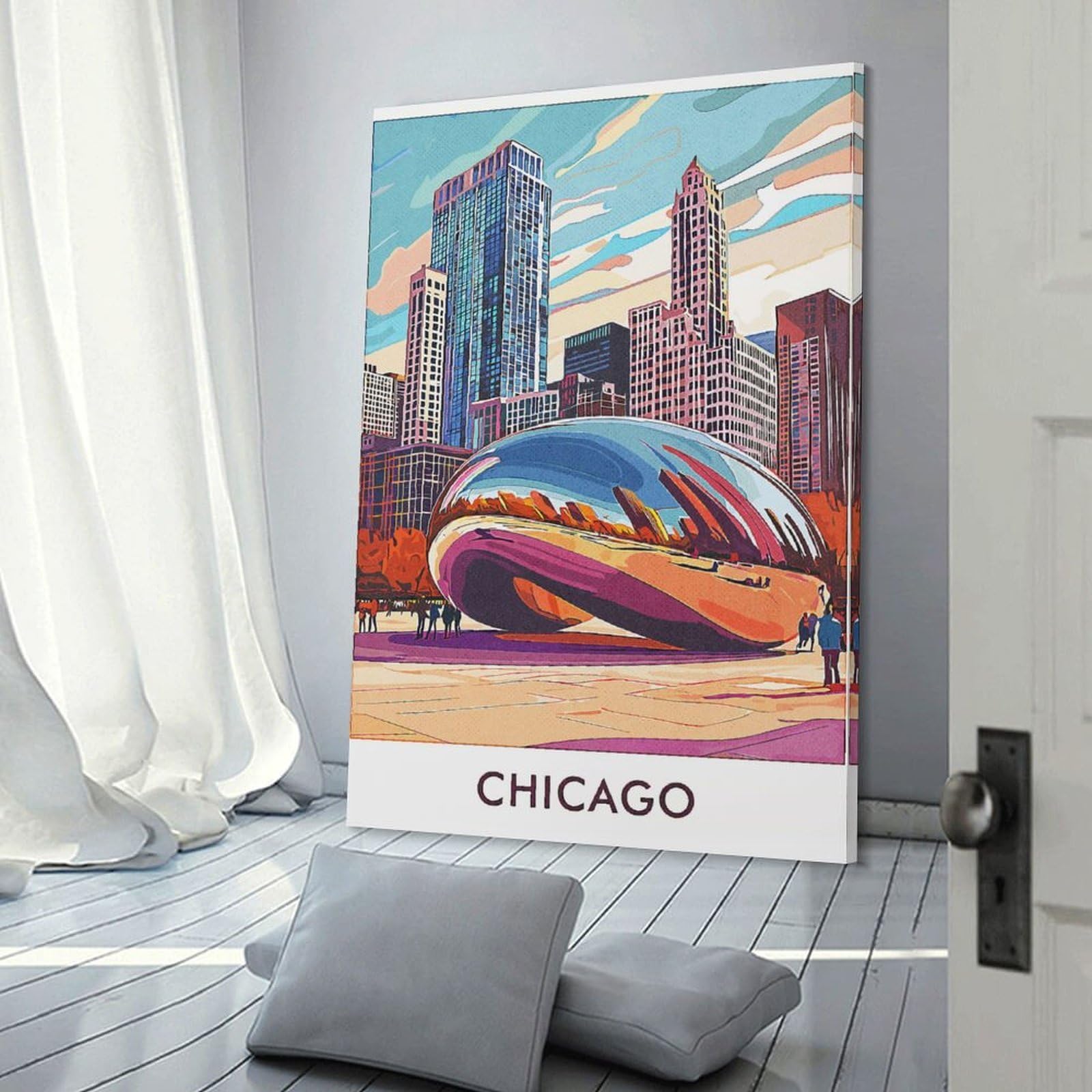 Junmoney Chicago Skyline with Cloud Gate Wall Decor Canvas Print, 20x30inch(50x75cm), for Home Lounge, Bedroom Or Reading Nook, Decorative Artwork for Empty Walls