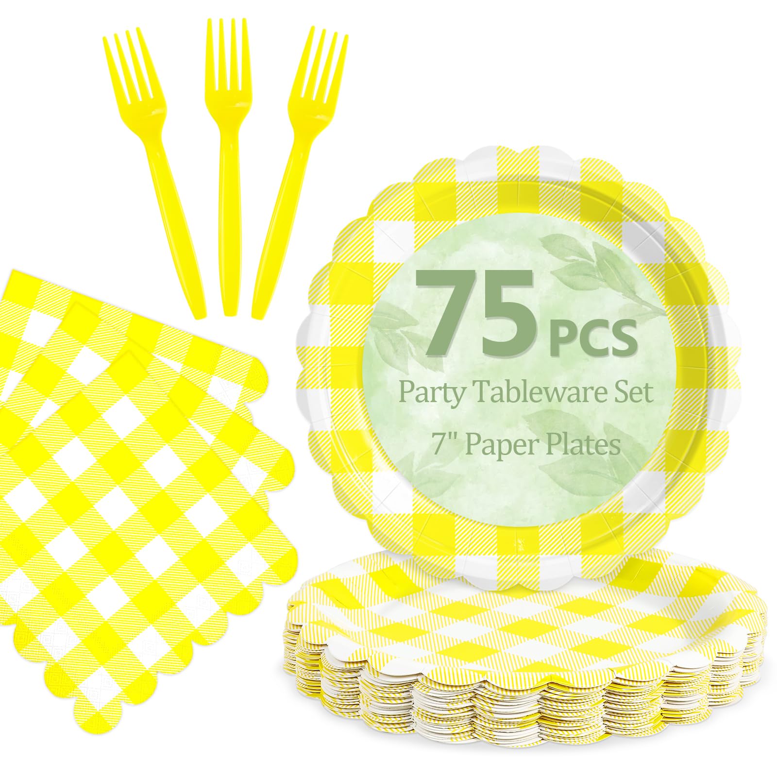 Mulbozy 75 Yellow Gingham Paper Plates&amp;Napkins Disposable for Party,7in