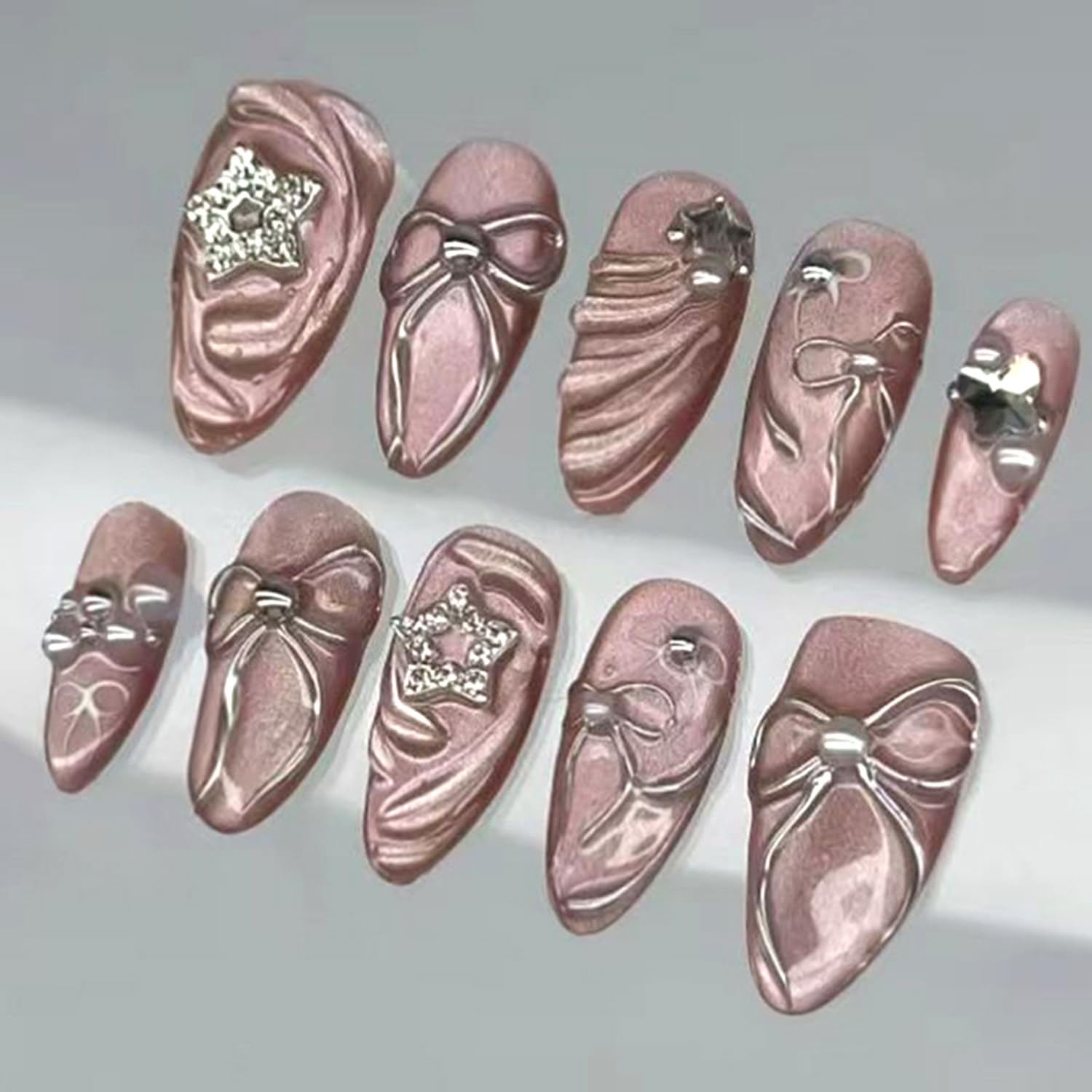 24pcs Pink Press on Nails Medium Almond Fake Nails Silver Bow 3D Diamond Star Charms Design Glossy Acrylic Nails Press ons Cute Stick on Nails Almond False Nail Art Tip for Women Daily Wear