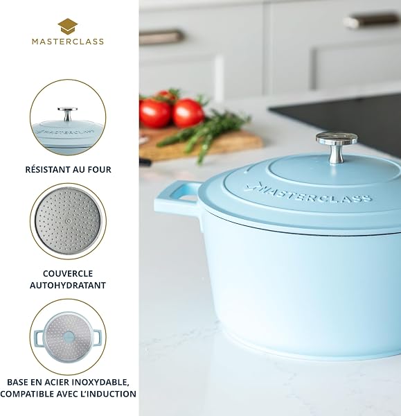 MasterClass Casserole avec couvercle, taille moyenne 4L/24 cm, en fonte d'aluminium légère, adaptée à la table de cuisson à induction et au four, bleu ciel - 5