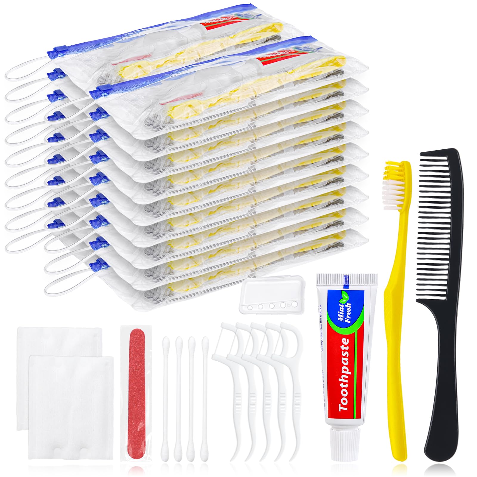 Kit per l'igiene personale, confezione da 30, spazzolini usa e getta gialli con copertura per dentifricio, pettine e set da toeletta per hotel, kit da viaggio di base per senzatetto