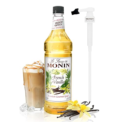 Monin - Jarabe de vainilla francesa con bomba sin BPA Monin, en caja, sabor versátil, sabores naturales, ideal para cafés, cócteles, batidos y