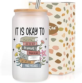Coolife It's OK Positive Iced Coffee Glass Cup Tumbler w/Lid Straw, Mental Health Gifts, Emotional Support Inspirational Motivational Self Love, Book Affirmations for Psychologist Therapist Counselor