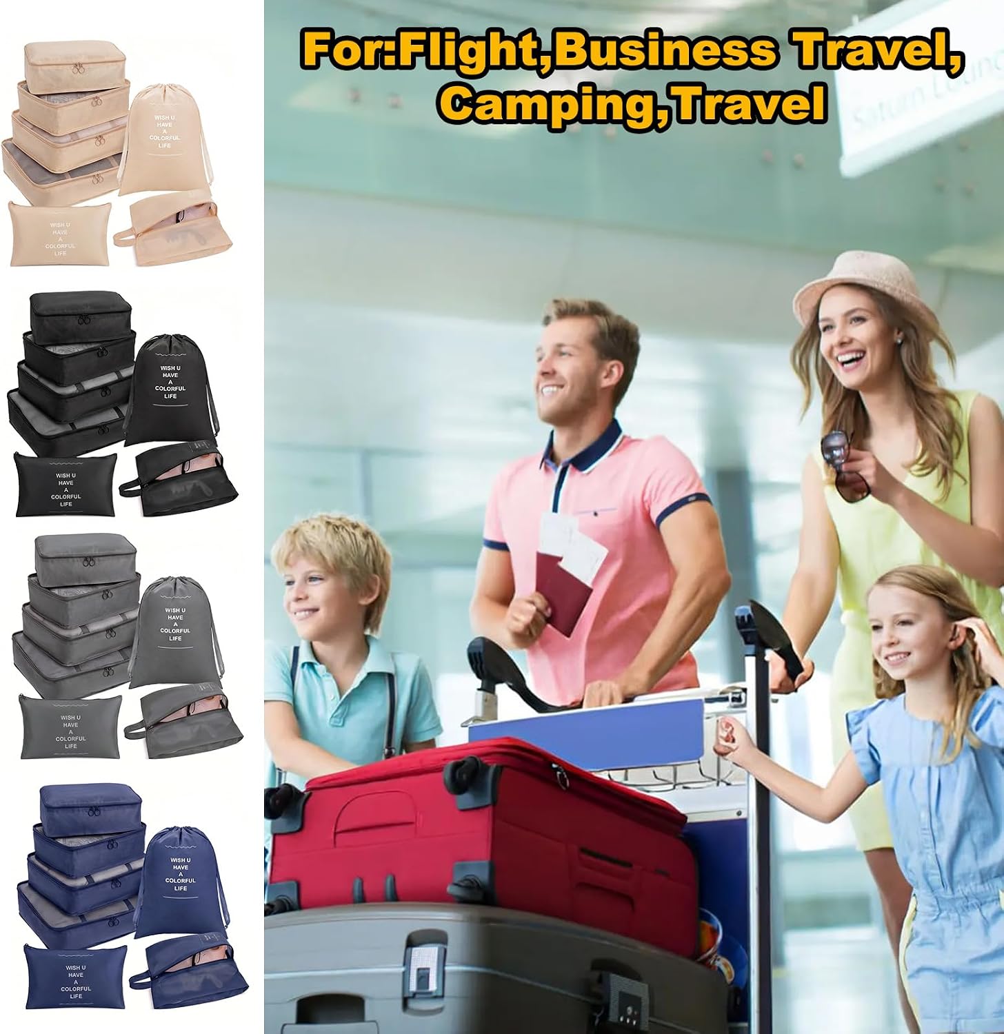 28 Pcs Luggage Clothes Organizer Bags, 4 Sets Travel Luggage Packing Organizers Packing Cubes for Travel, Foldable Suitcase Organizers for Family Vacation (Beige, Black, Gray, Navy Blue)