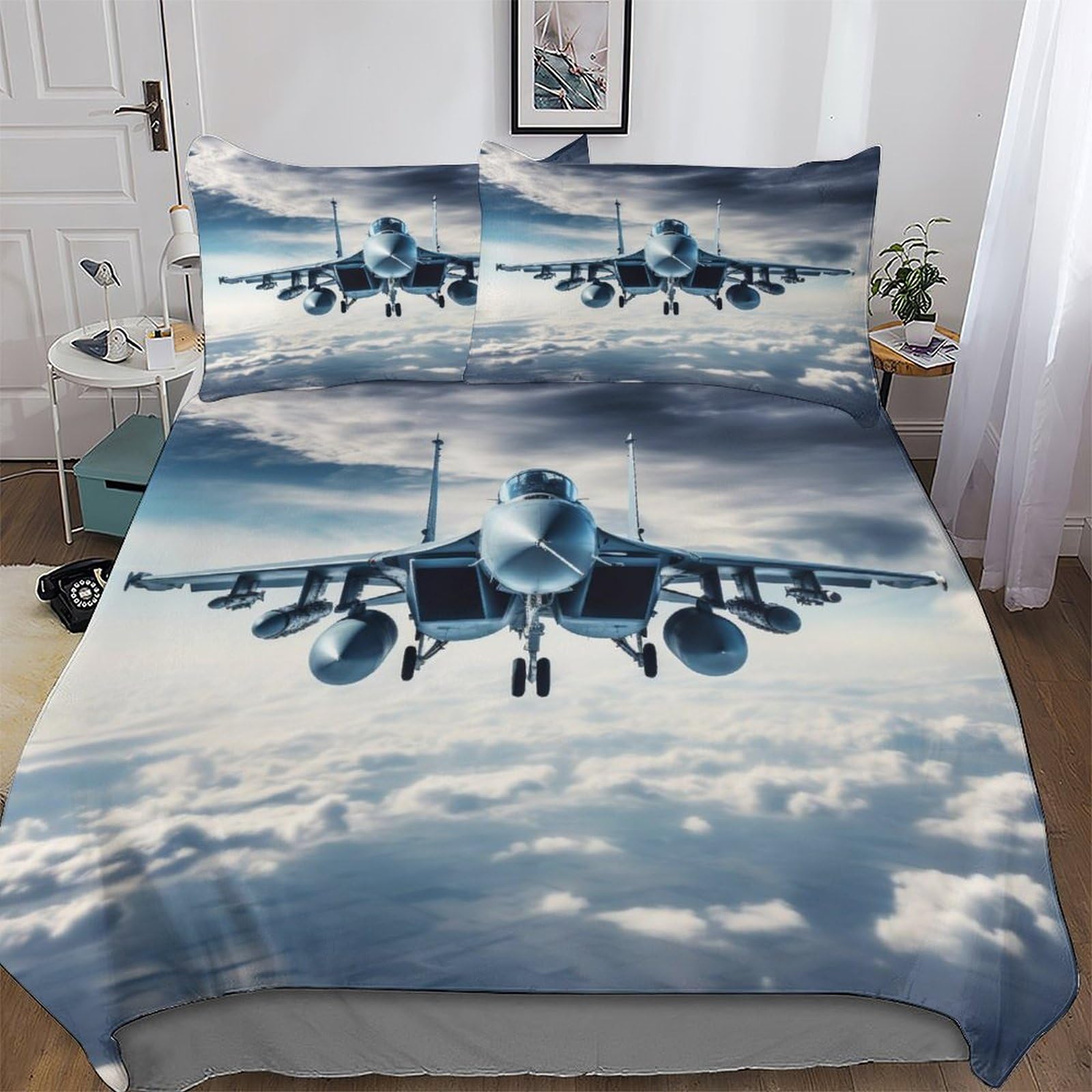 Parure de lit avion 3D comprenant housse de couette 220x240 cm et taie d'oreiller zippée