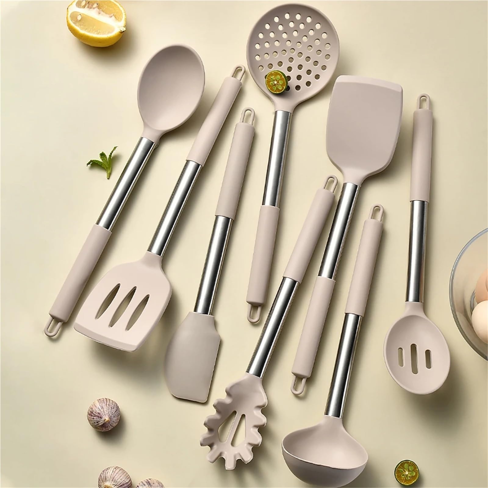 Silikon Küchenhelfer Set 2/4/6/8-teiliges Silikon-Küchengeschirr-Set, Edelstahl, Handschaufel, Suppenlöffel, Spaghetti-Klaue, Kochen(8pcs black)