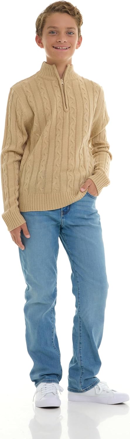 Sezzit Boys Quarter Zip Cable Knit Sweater – Classic Warm Pullover for Kids. Black, Navy, Red
