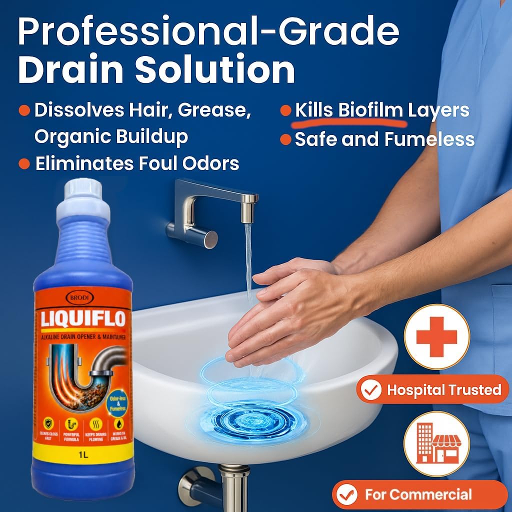 Liquiflo Commercial Drain Opener & Cleaner, Eliminates BioFilm & Odor, Fumeless & Odor-Free, Declogs Hair, Grease & Organic Buildup, Alkaline Based Safe for All Piping