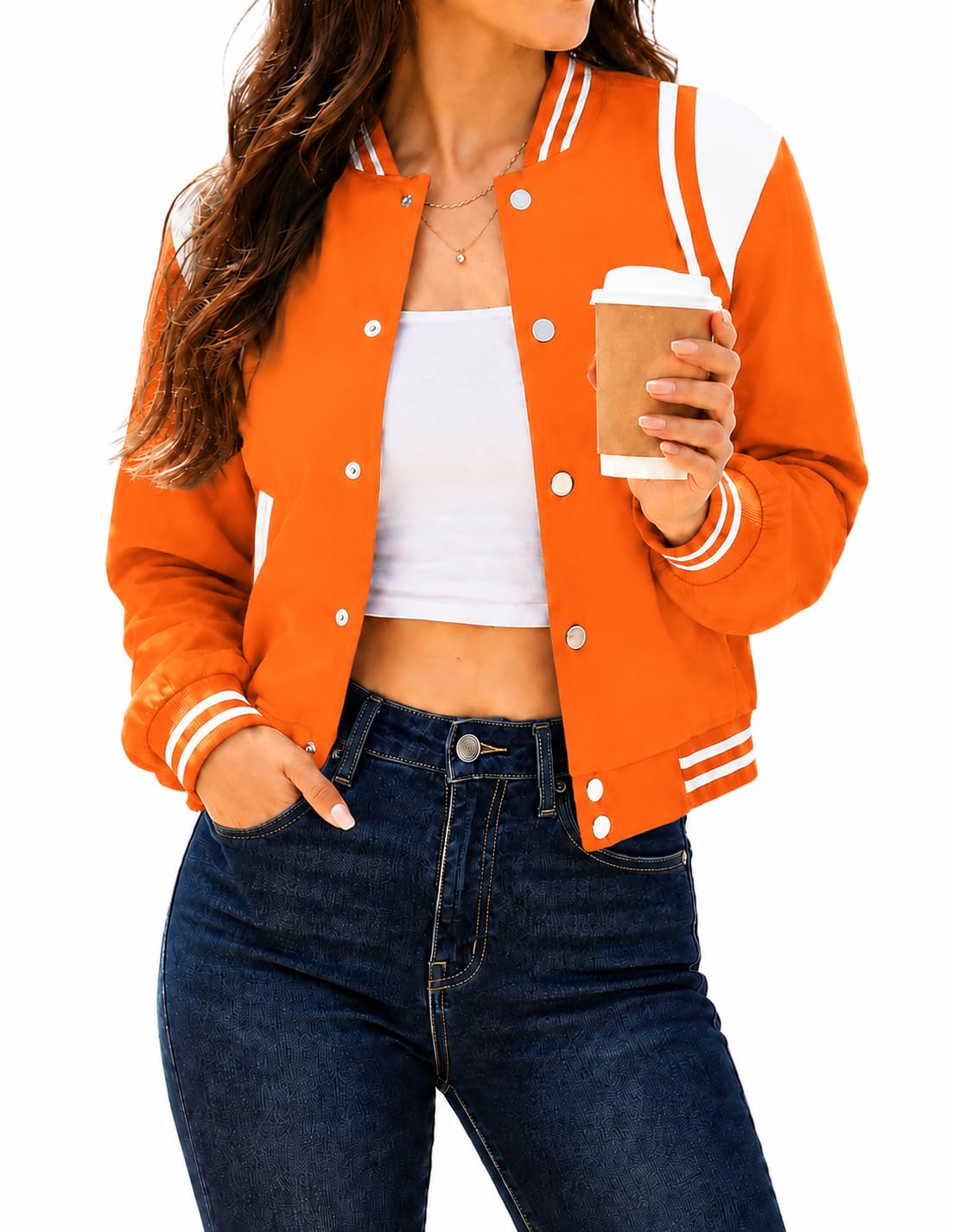 Women's Varsity Bomber Jacket Short Button Down with Pockets