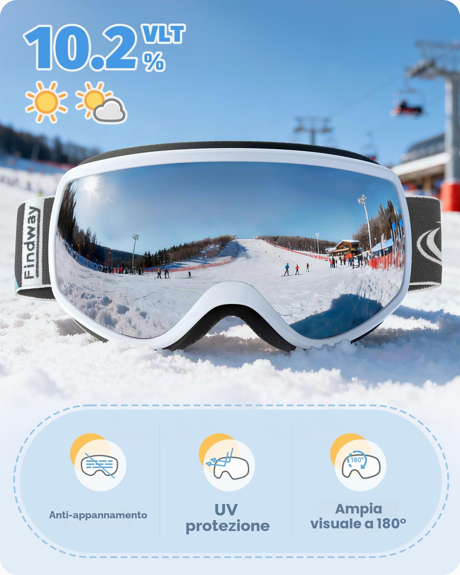 Findway Maschera da Sci Bambino 3~12 Anni Occhiali da Sci Maschera Sci Occhiali Sci per Ragazzo Ragazza Anti UV Anti Nebbia Compatibile con Casco per Sci Snowboard Sport Invernali