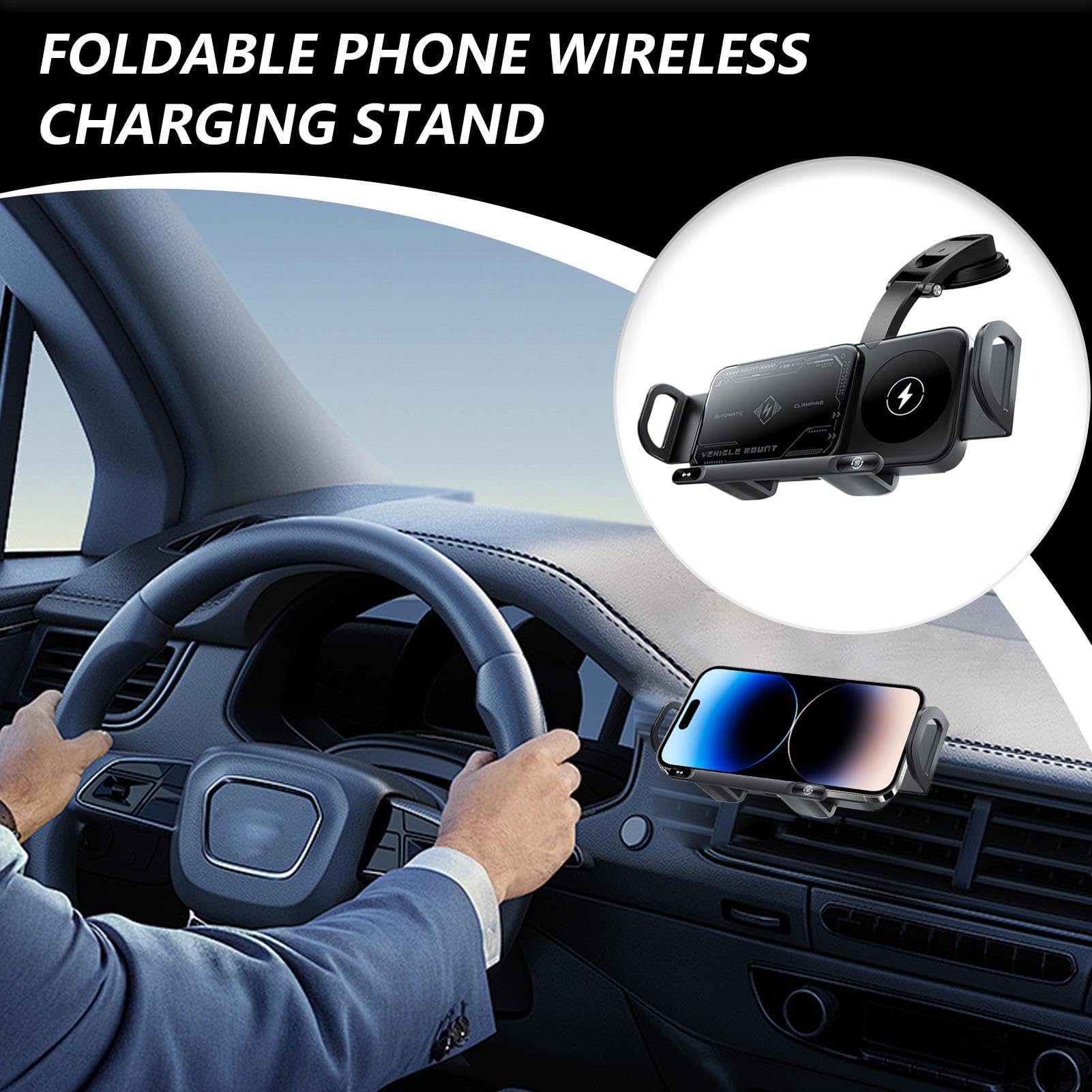 Caricatore Wireless per Auto Supporto Telefono per Veicoli | 15W Doppia Bobina Wireless Pieghevole Dispositivo di Ricarica per Cellulare per Griglia Aria Cruscotto e Console Centrale