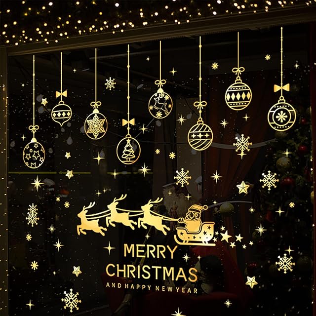 HBell 6 Sheets Christmas Window Stickers,Gold Christmas Window Clings Decor Double Sides Christmas Window Decals Reusable Static Window Stickers for Home Shop Window Glass Display Decoration (Gold)