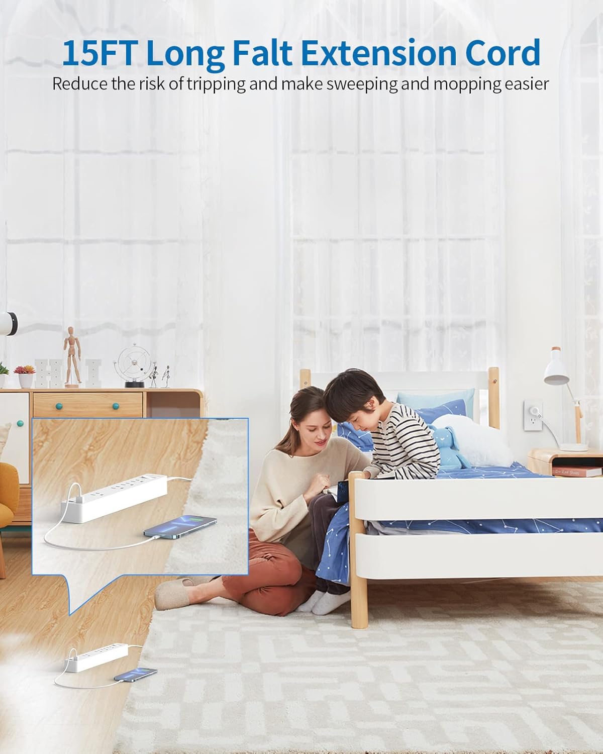 Long Extension Cord 15 ft, NTONPOWER Ultra Thin Flat Extension Cord Under Carpet, Rug, Door, Wall Mount Power Strip Flat Plug with 4 Outlets 2 USB, Overload Protection for Home Office Indoor, White