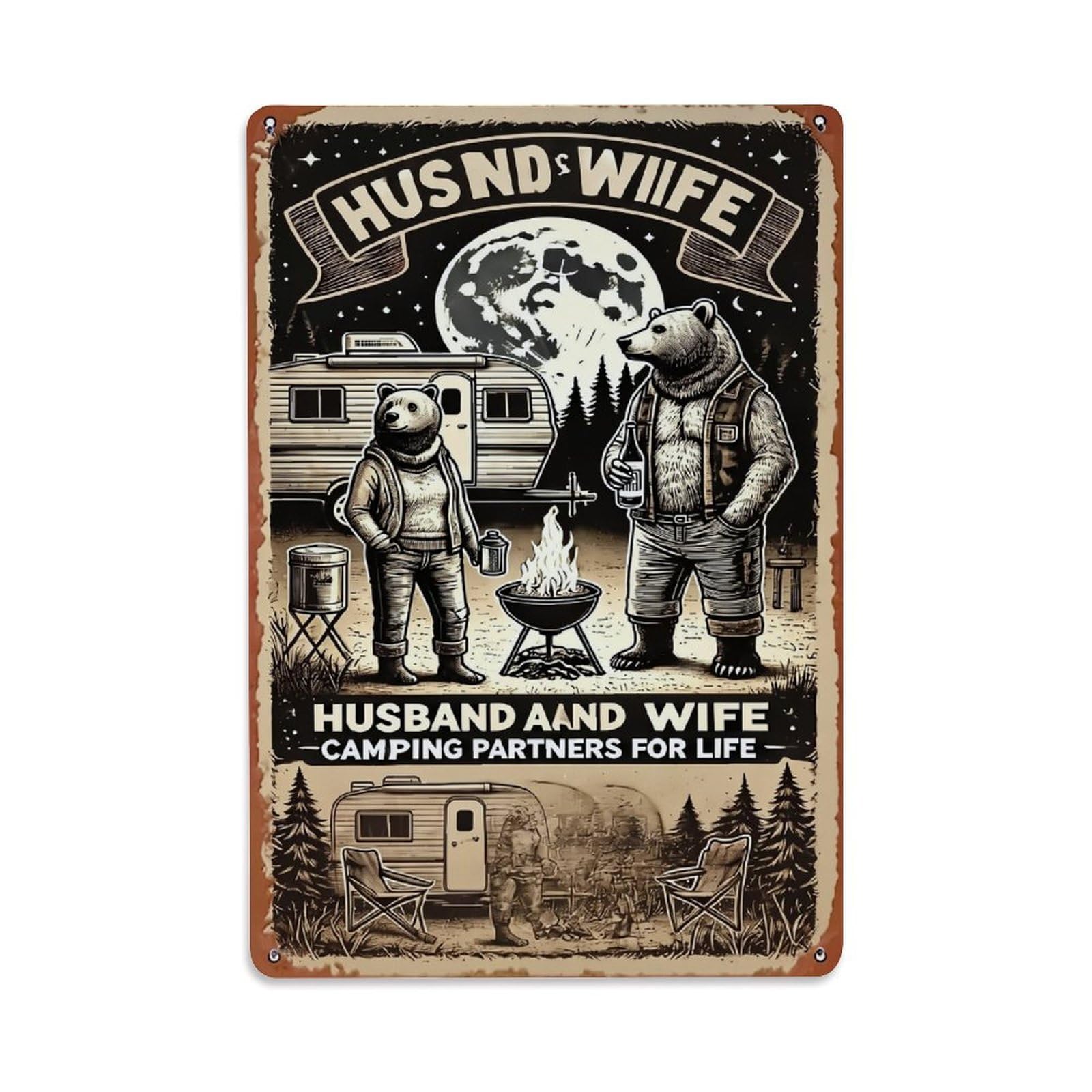 Bear Couple Camping Moon Trailer Tin Sign Metal Poster Vintage Metal Signs for Home Man Cave Bar Cafe Kitchen laundry room Wall Decorations Gift 8x12Inch