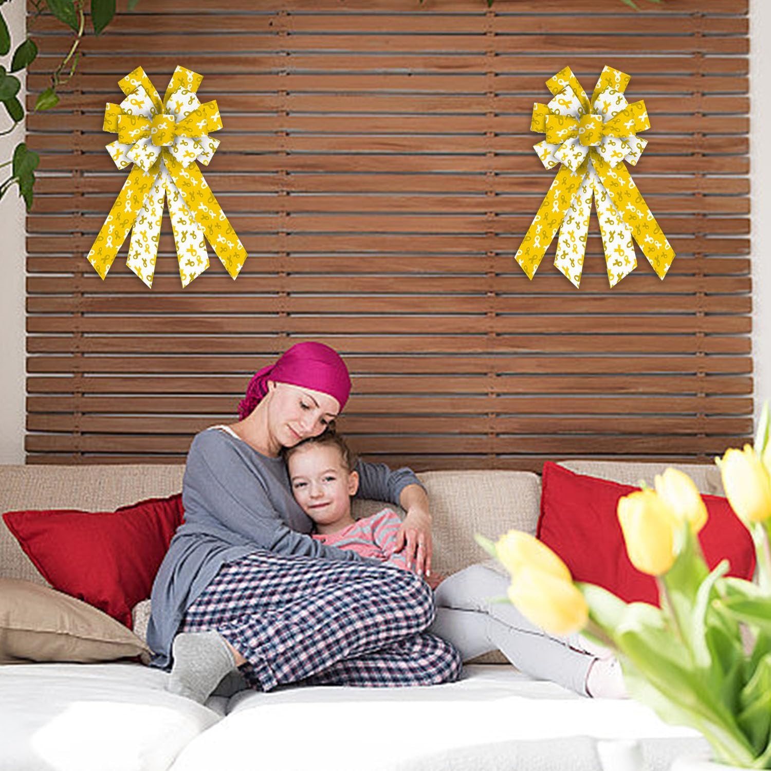 Hying Large Cancer Awareness Bows for Wreath, Childhood Cancer Awareness Wreath Bows White Yellow Burlap Bow World Cancer Day Craft Bows for Front Door Anti-Cancer Public Welfare Activities Supplies