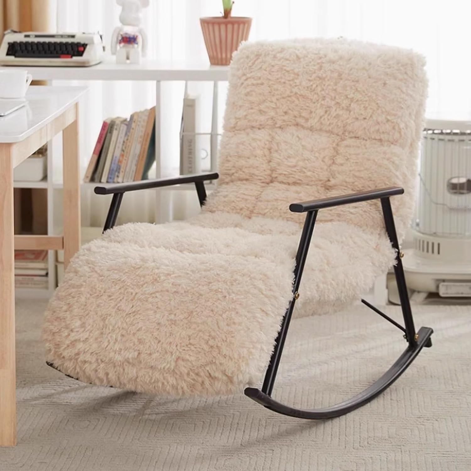 Rocking Chair for Nursery Upholstered Baby Fluffy Glider Rocker for Adults Indoor Indoor Bedroom Rocking Chair Adjustable Backrest Height Armrests for Reading,Living Rooms,Bedrooms,Offices