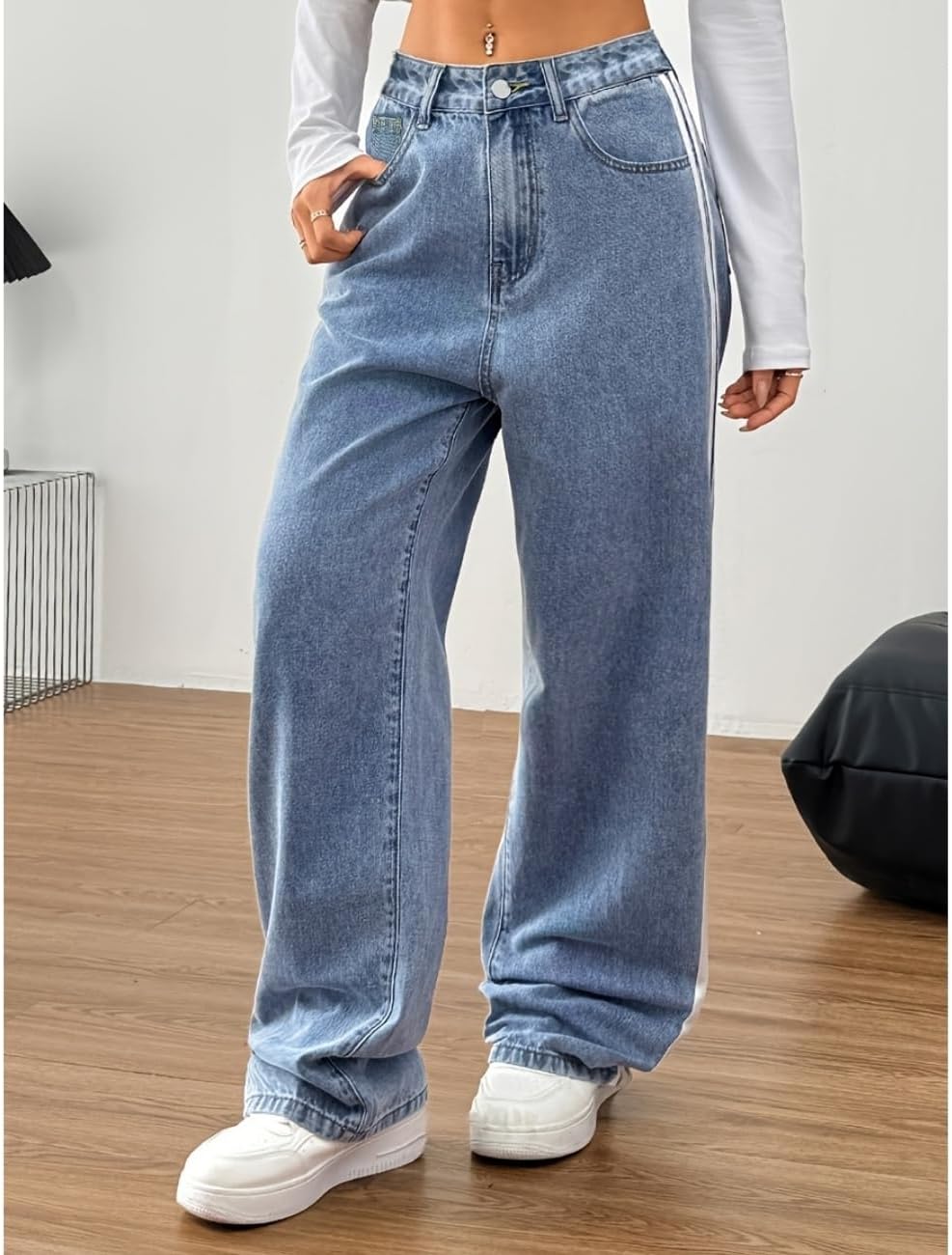 Baggy Jeans for Women Men Straight Leg Striped Denim Pants Wide Leg Loose Sweatpants Aesthetic Clothes - Image 2