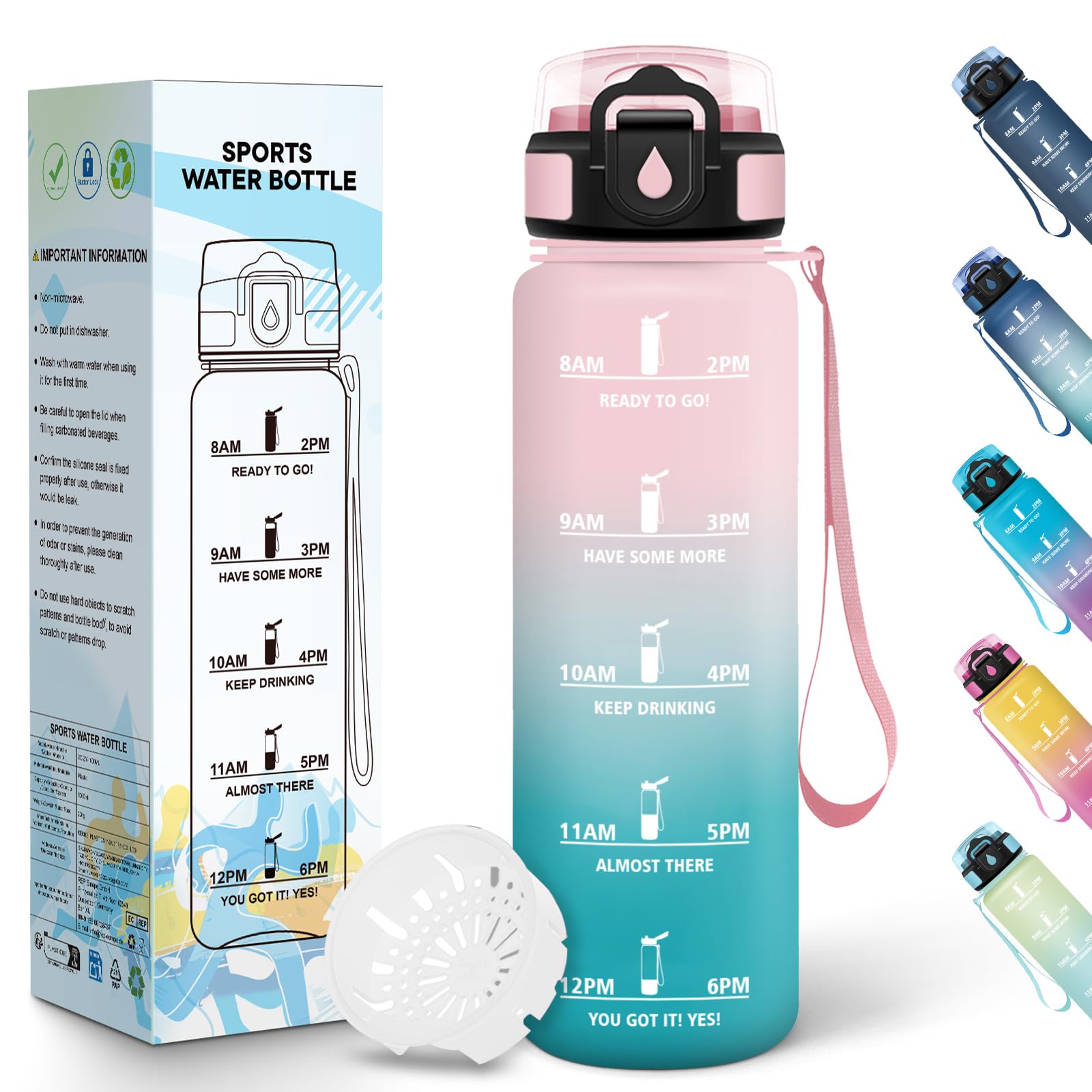 Baramumu Borraccia 1 litro, Borraccia Palestra, a Prova di Perdite, Bottiglia acqua, Facile da Aprire, Borracce, per Fitness, Yoga, Ufficio, Palestra, Trekking, Rosa&Verde