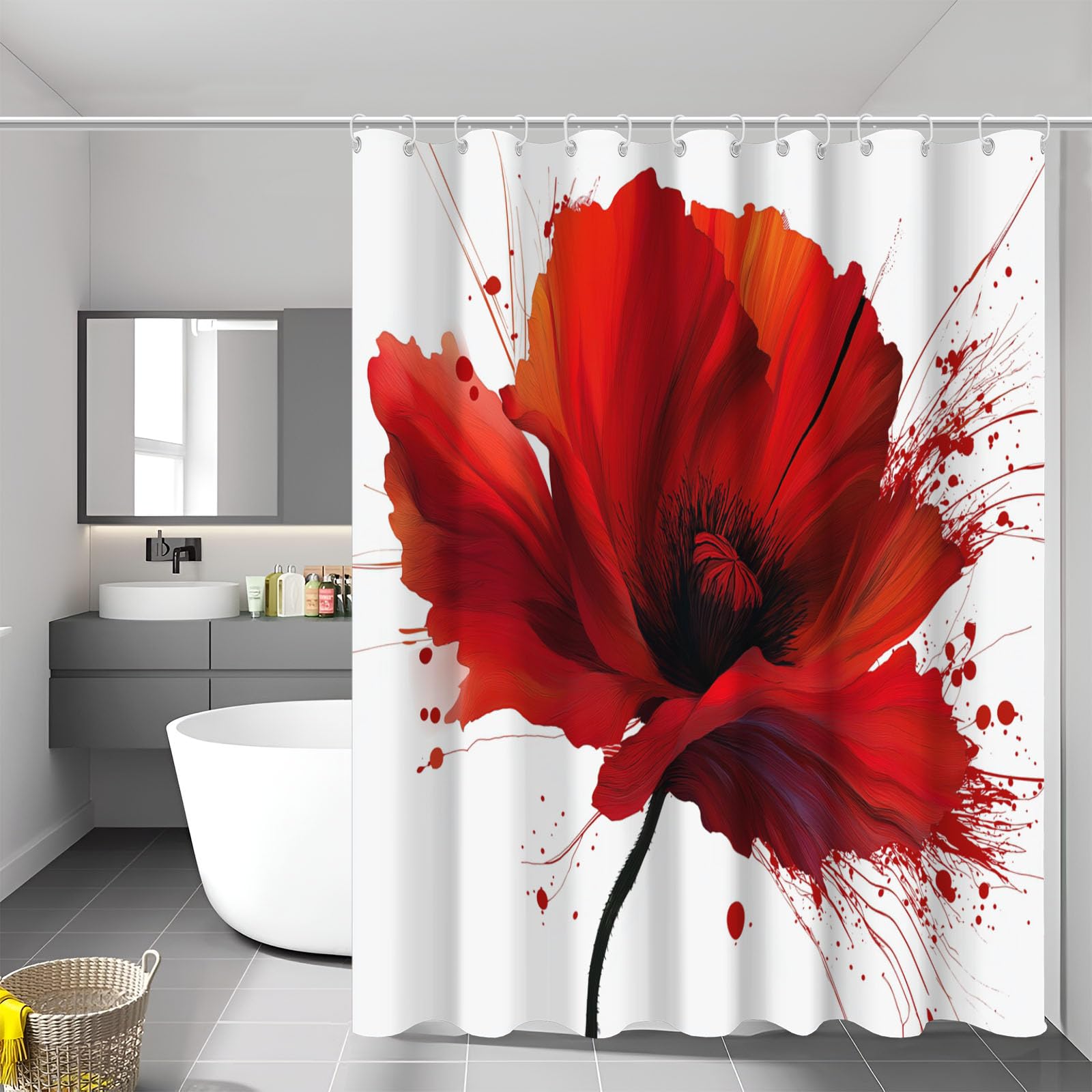 Rote Mohnblume Duschvorhang 240x200cm,Aquarell Blumen Rot Bad Waschbar Duschvorhänge Polyester Textil Wasserdicht Badevorhang für Badewanne mit 12 Haken