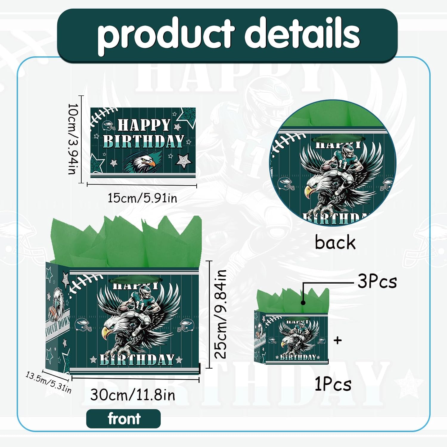 TAKEALOOKO Large Football-themed Birthday Gift Bag - Rugby Candy Bags with Handles, Greeting Card and Soft Papers for Men Boys Kids Teens Football Fan Game Time Party Decor