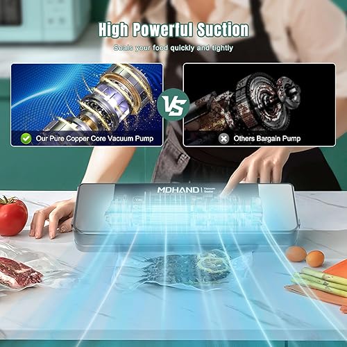 Miniatura 2 de MDHAND Sellador al vacío para alimentos  Máquina selladora al vacío con bolsa, compacta, rápida, multifuncional, fuerte succión, sellado automático
