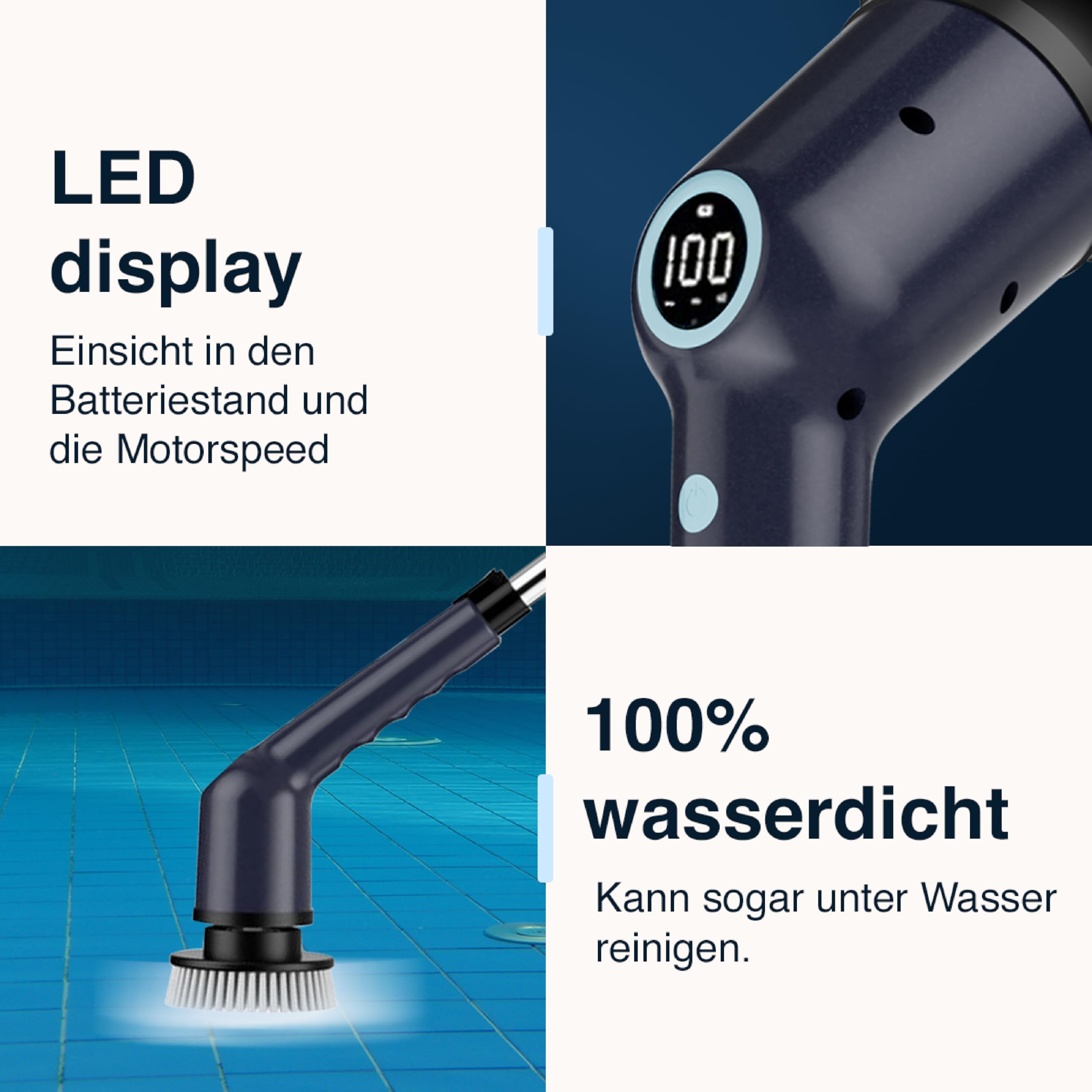 Samako Cepillo de limpieza eléctrico con mango – IPX6 resistente al agua – 9 cabezales – Estropajo con batería para baño, azulejos, ducha y suelo