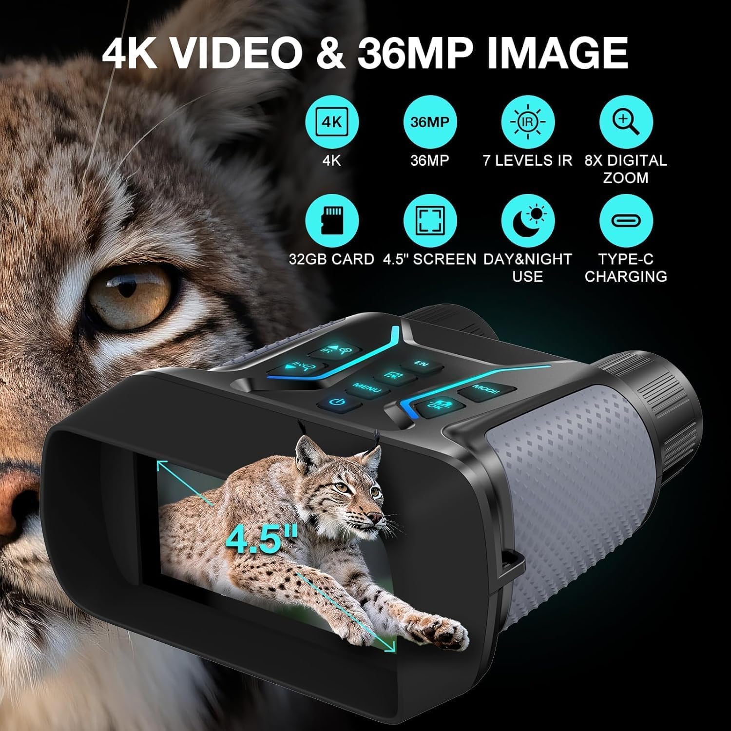 4K Nachtsichtgerät 36MP, 8X Digitaler Zoom 4.5" HD-Display Infrarot Fernglas mit 7-Stufiges Nachtsicht, 4500mAh Akku, 32GB TF Karte