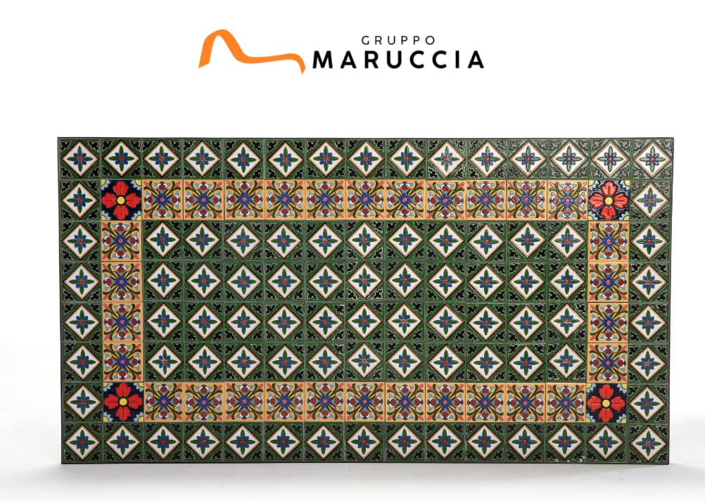 Gruppo Maruccia - Tavolo e Sedie da Giardino con Mosaico Artigianale in Ceramica - 1 Tavolo Rettangolare - 2 Poltrone e 4 Sedie con Cuscini