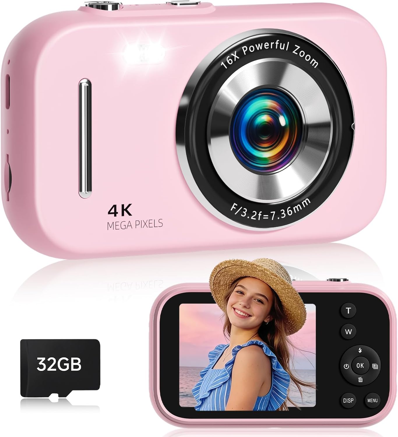 Digital Camera,4K 48MP Compact Camera for Teens,16X Zoom Anti Shake,32GB SD Card,21 Filters,Framing Grid,Date Stamp,Slow Motion,MP3 Function,Travel Small Camera for Boys Girls,Pink